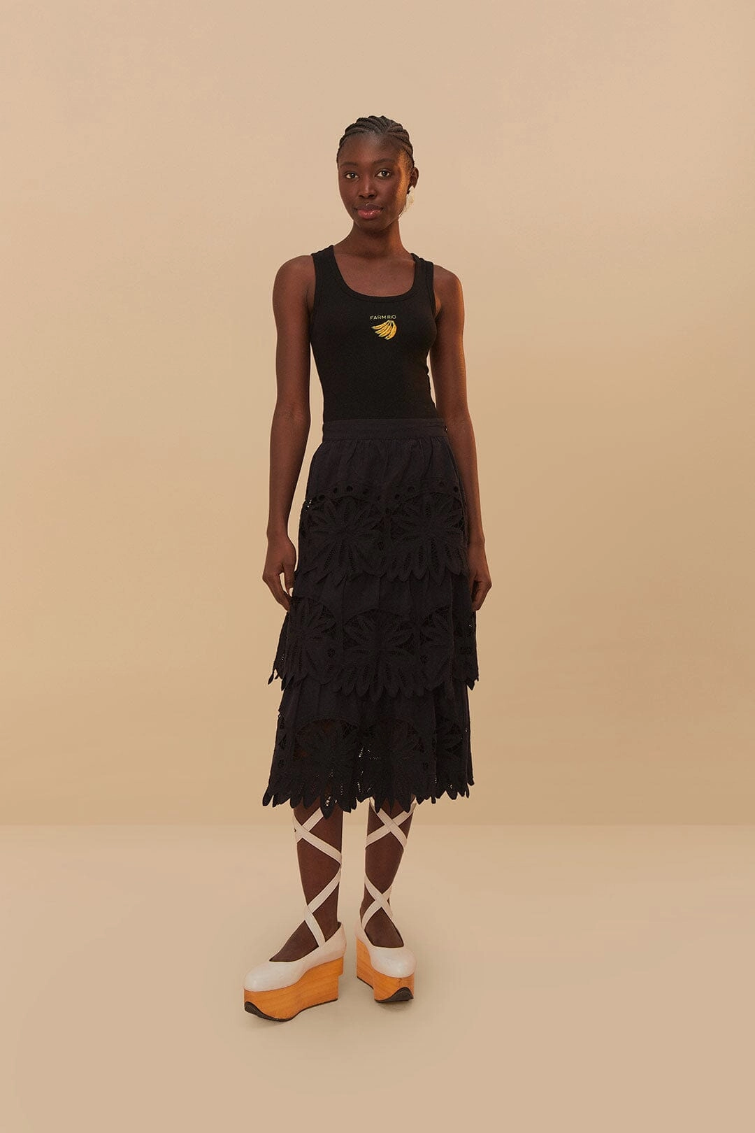 Black Daisy Embroidered Midi Skirt ribbed texture Mix Separates