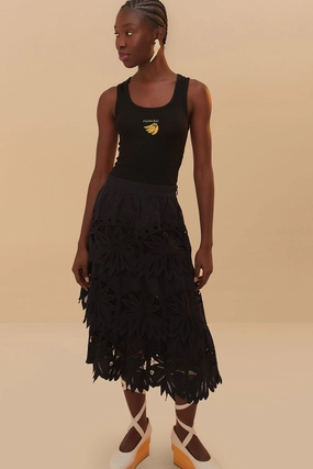 Black Daisy Embroidered Midi Skirt Refined Mood