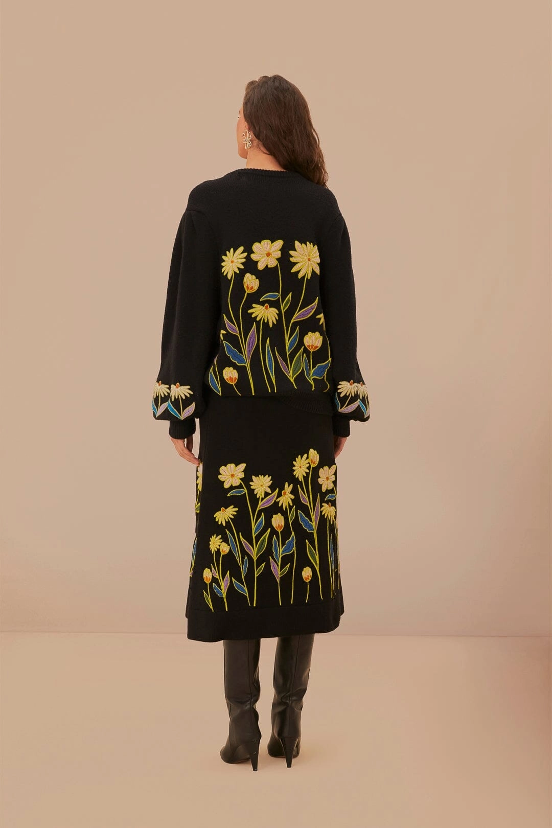 Black Farm Rio Flowers Embroidered Knit Skirt Handmade Item Easy Layers