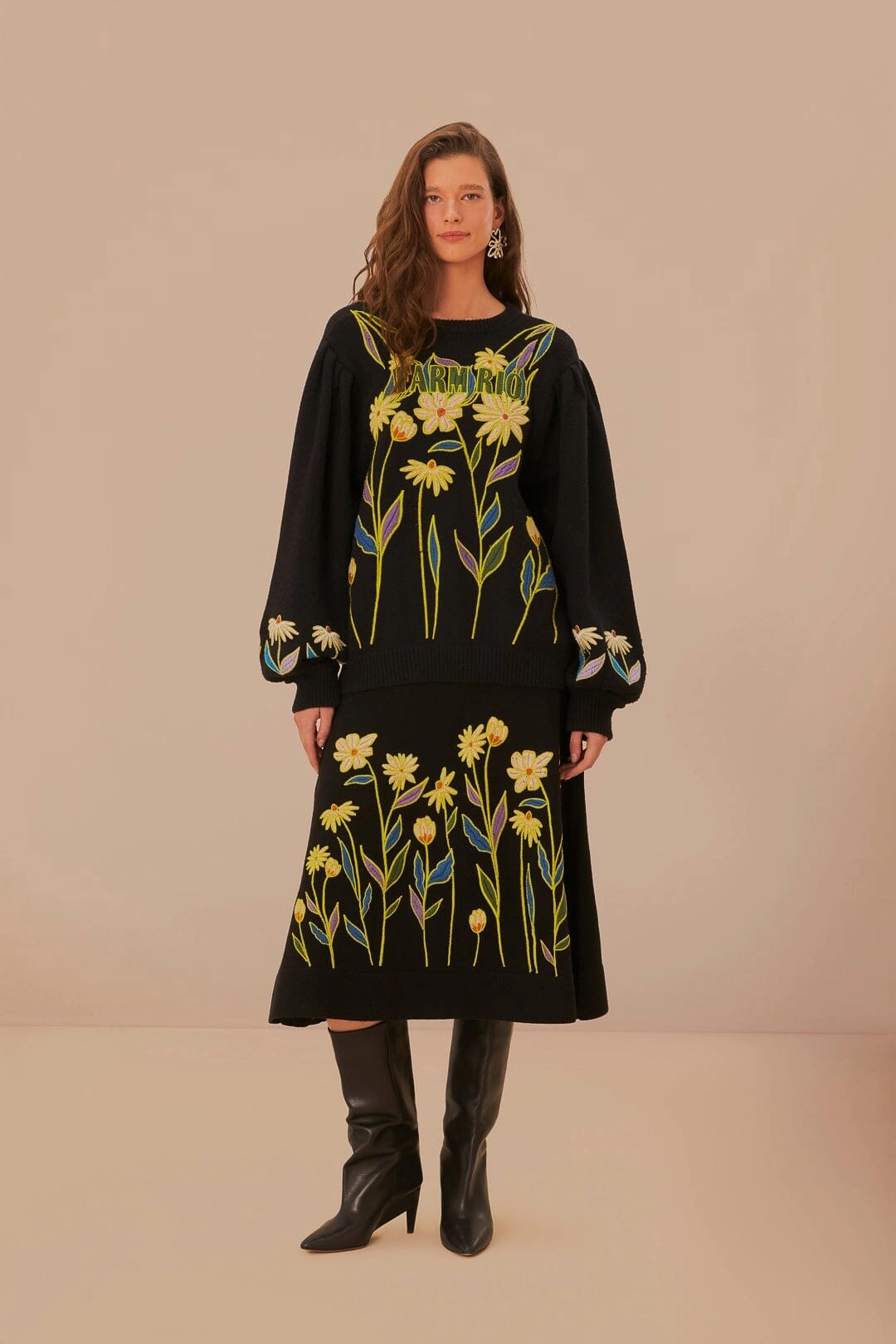 Black Farm Rio Flowers Embroidered Knit Skirt Athleisure Inspired
