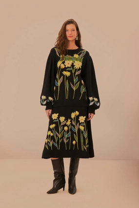 Black Farm Rio Flowers Embroidered Knit Skirt Athleisure Inspired
