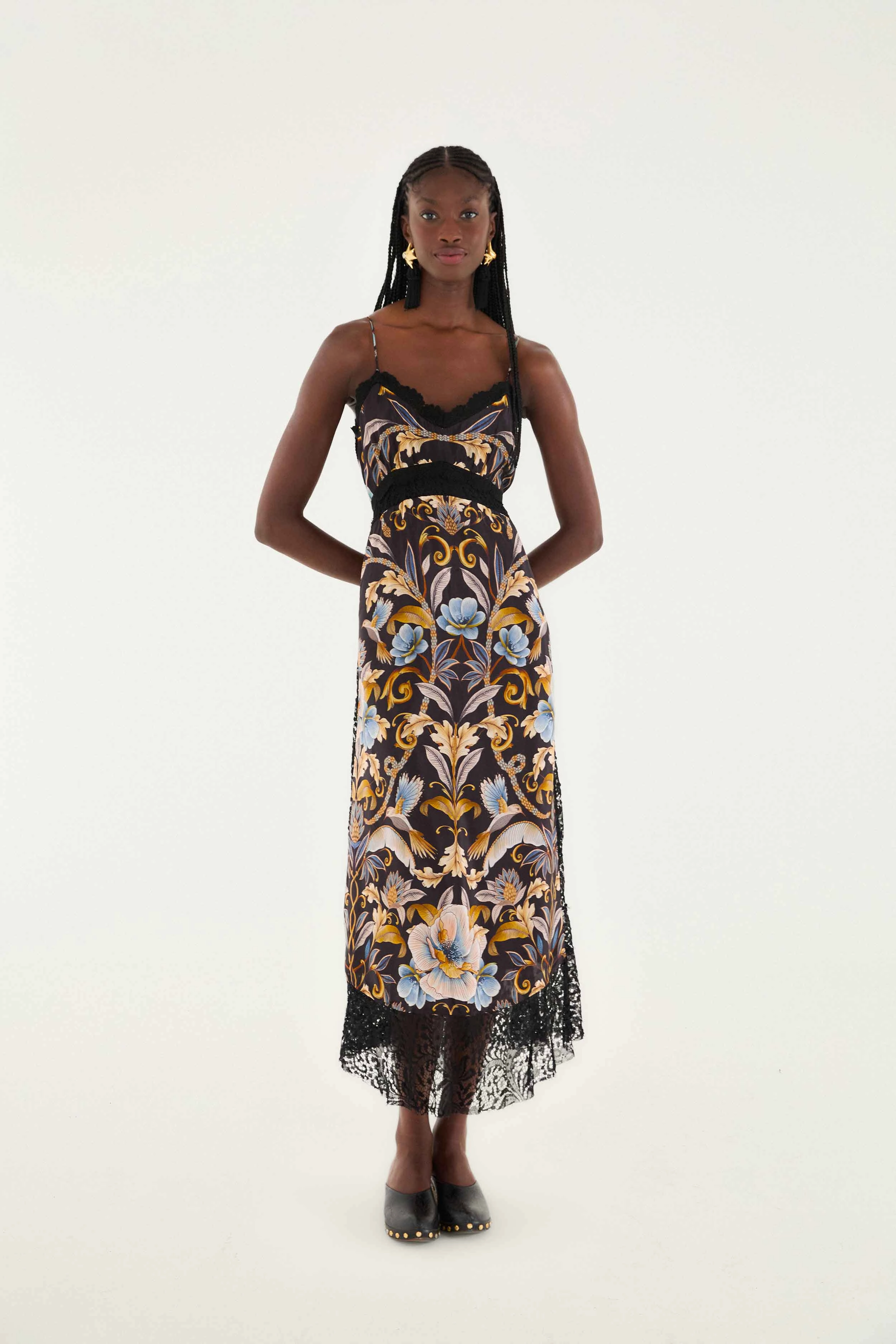 Black Flowerful Garden Midi Dress Unique Garb Easy-to-style casual dress Fit Mood