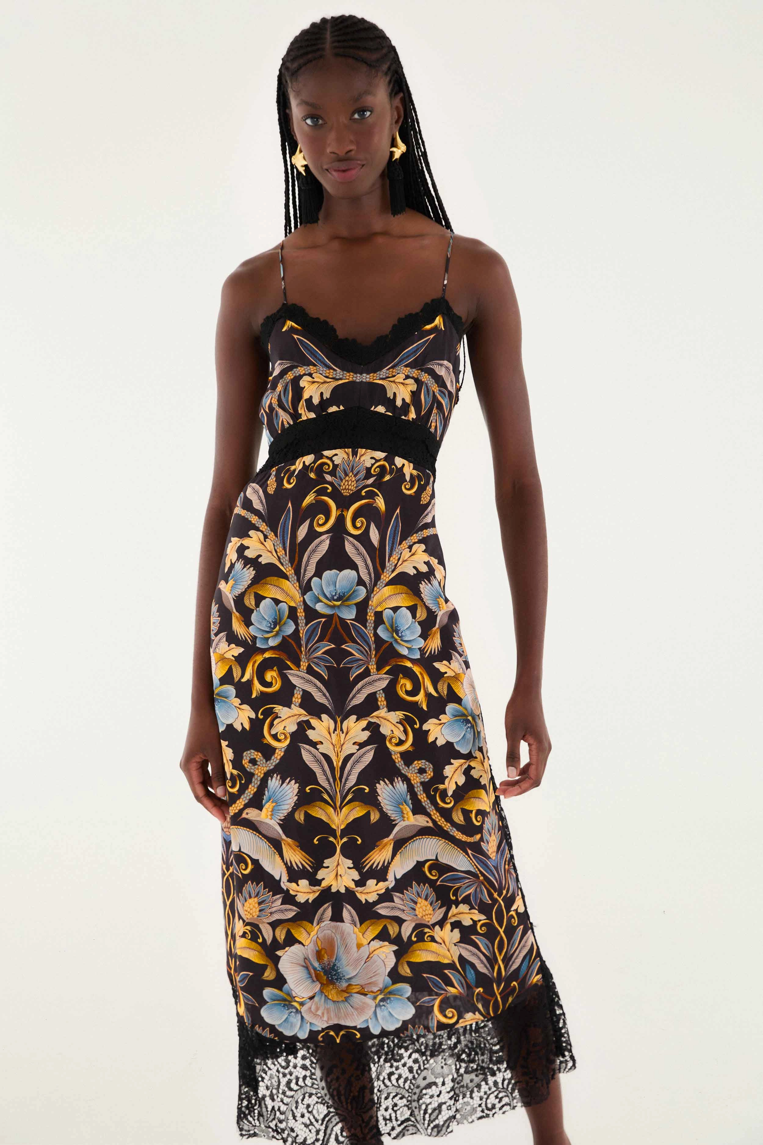 Elegant Charm Black Flowerful Garden Midi Dress Unique Garb