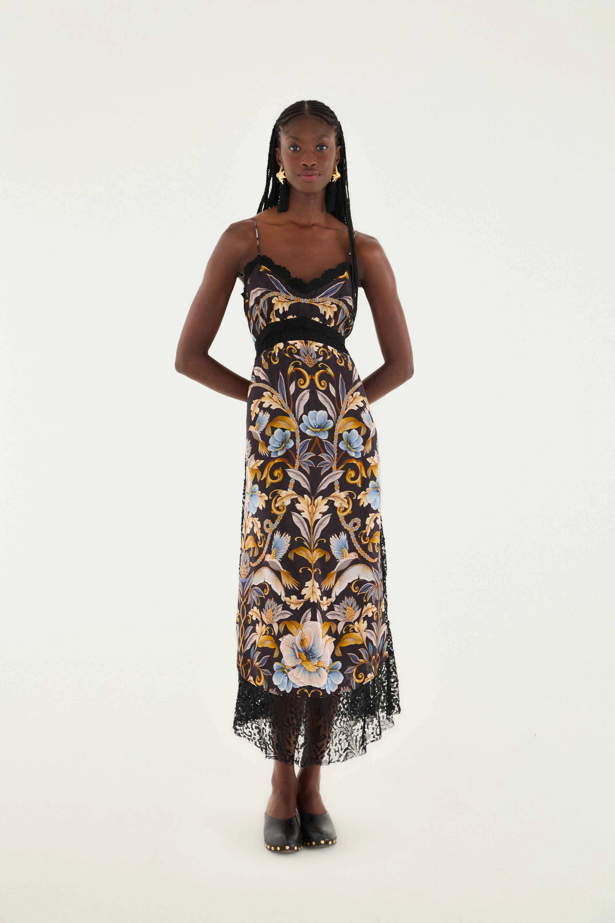 Black Flowerful Garden Midi Dress Unique Garb Bright Appeal Versatile Piece