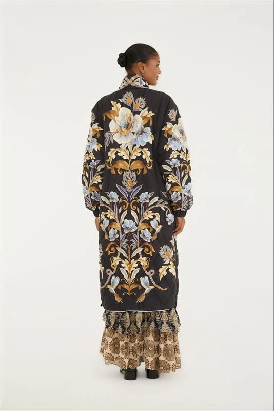 Black Flowerful Snake Garden Reversible Maxi Puffer Jacket Crisp Weather Fit Friction Resistant