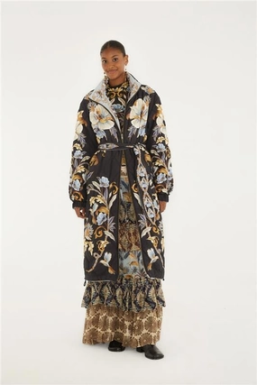 Black Flowerful Snake Garden Reversible Maxi Puffer Jacket Hooded Comfort Fit
