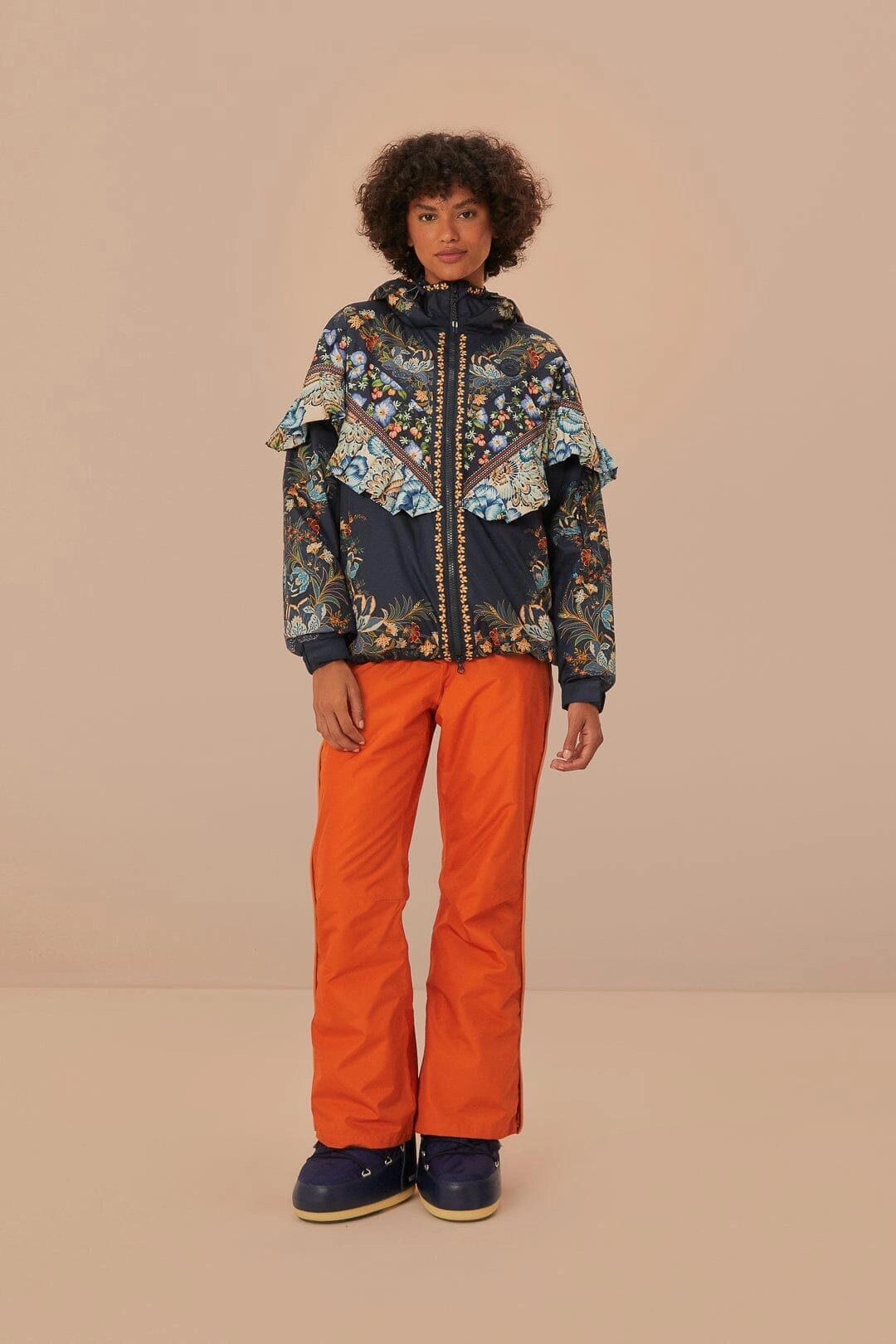 Black Flowers Ruffle Ski Jacket TapedZippers