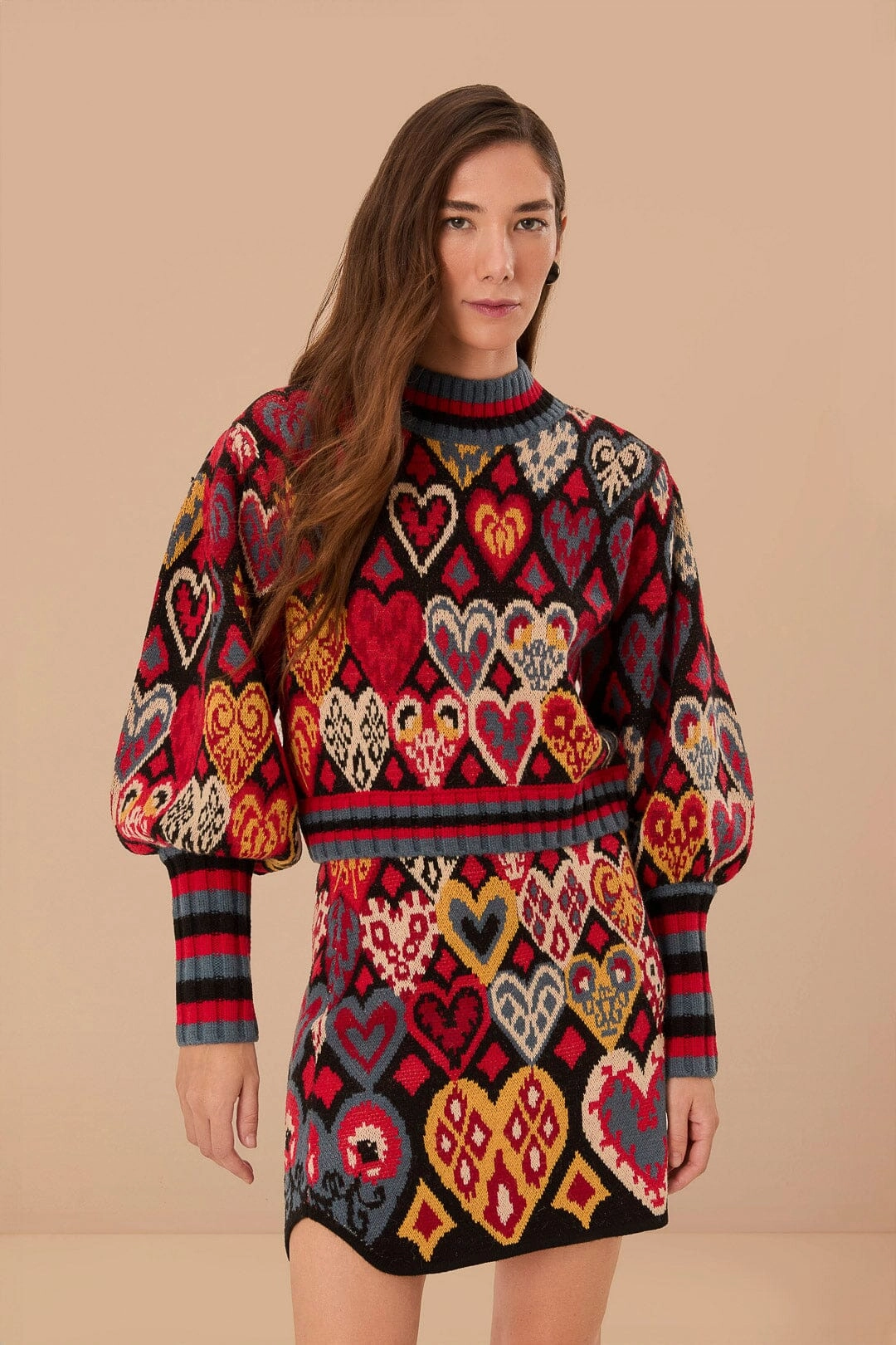 Light Edge Split hem Black Hearts Ikat Knit Skirt