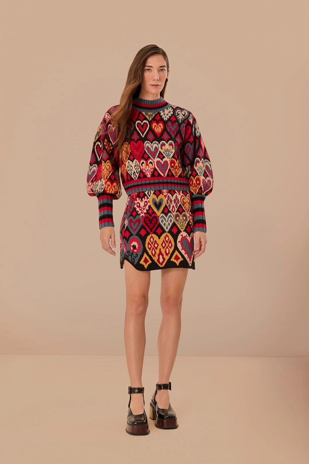 Coordinated Set Sporty Casual Black Hearts Ikat Knit Skirt