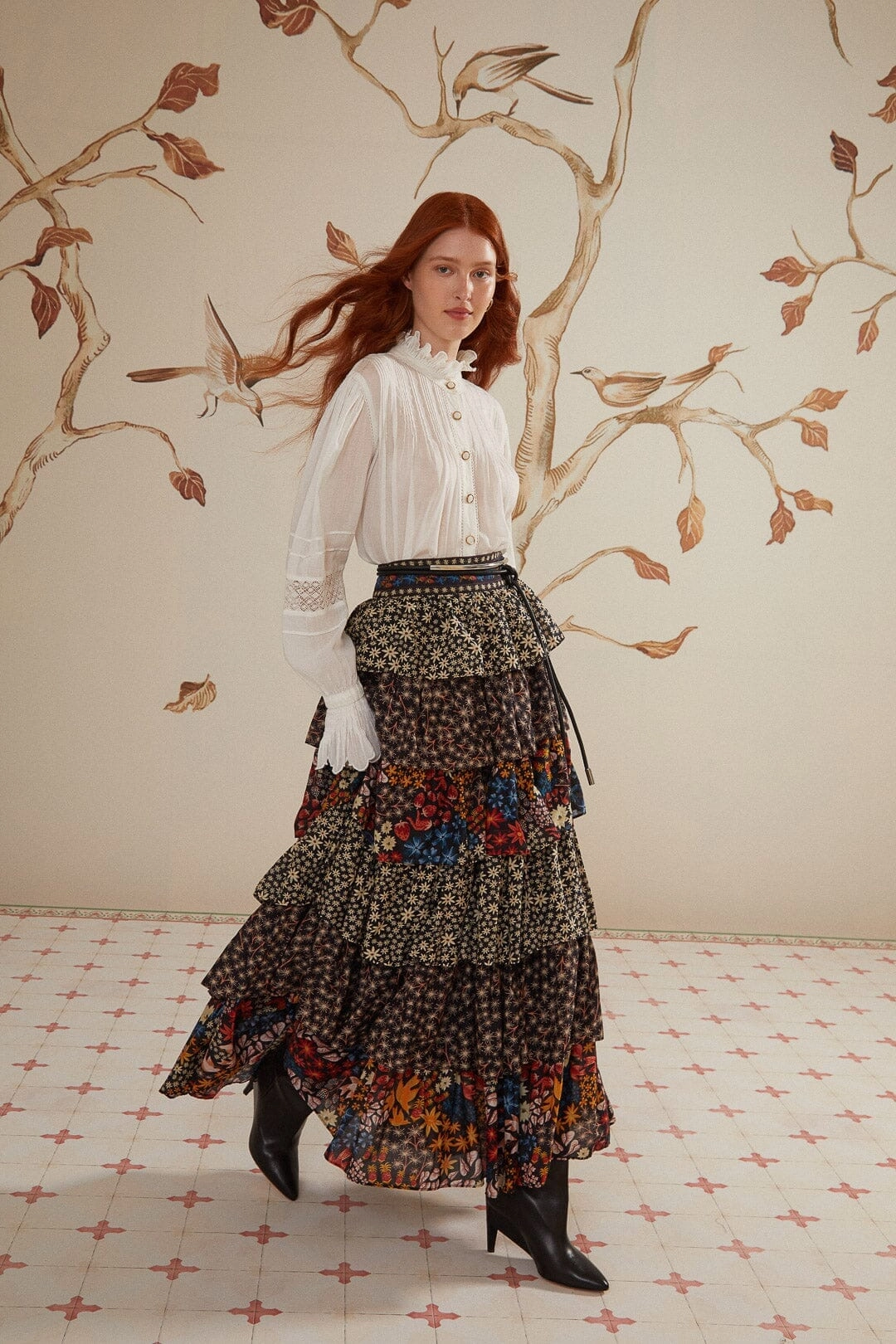 Non see through flowy silhouette Black Jujus Garden Midi Skirt