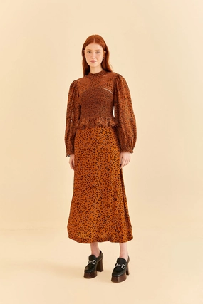 Elasticized Cuff Black Leopards Texture Midi Skirt
