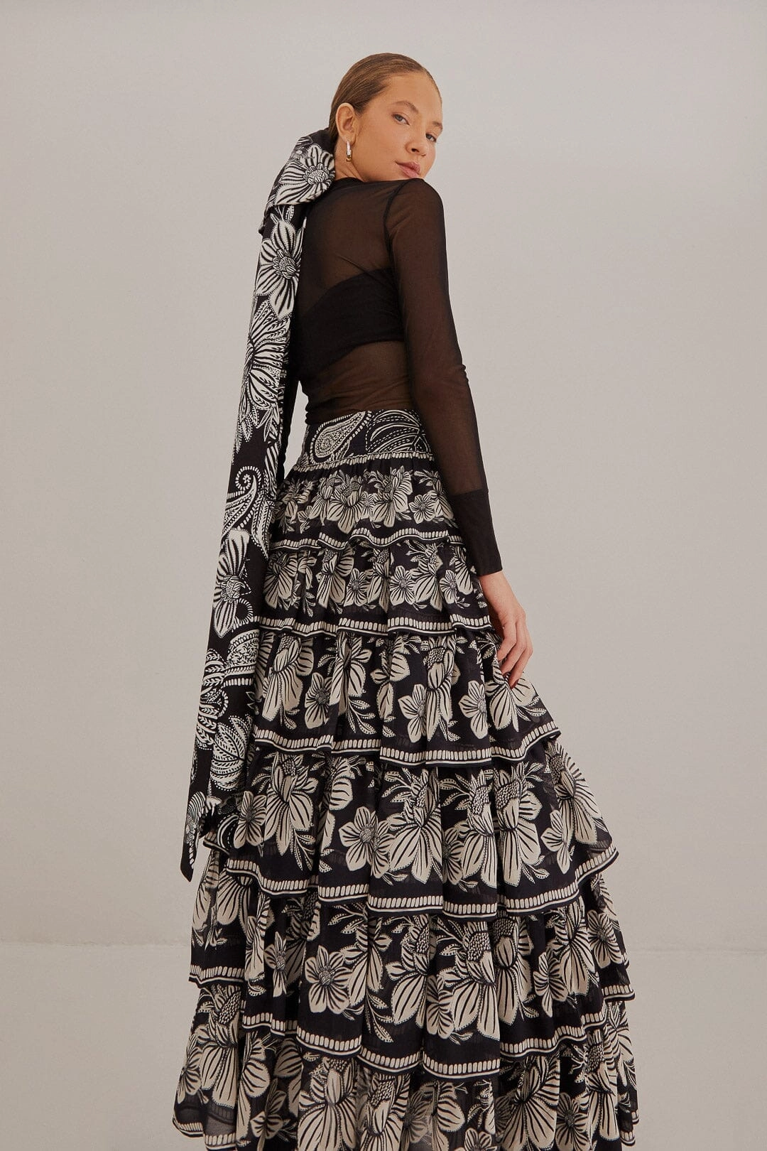 Flexible Comfort Durable Hem Black Paisley Bloom Tiered Skirt