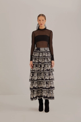 Black Paisley Bloom Tiered Skirt Abrasion resistant