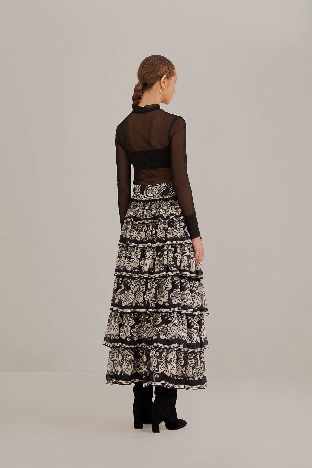 Black Paisley Bloom Tiered Skirt party look casual finish