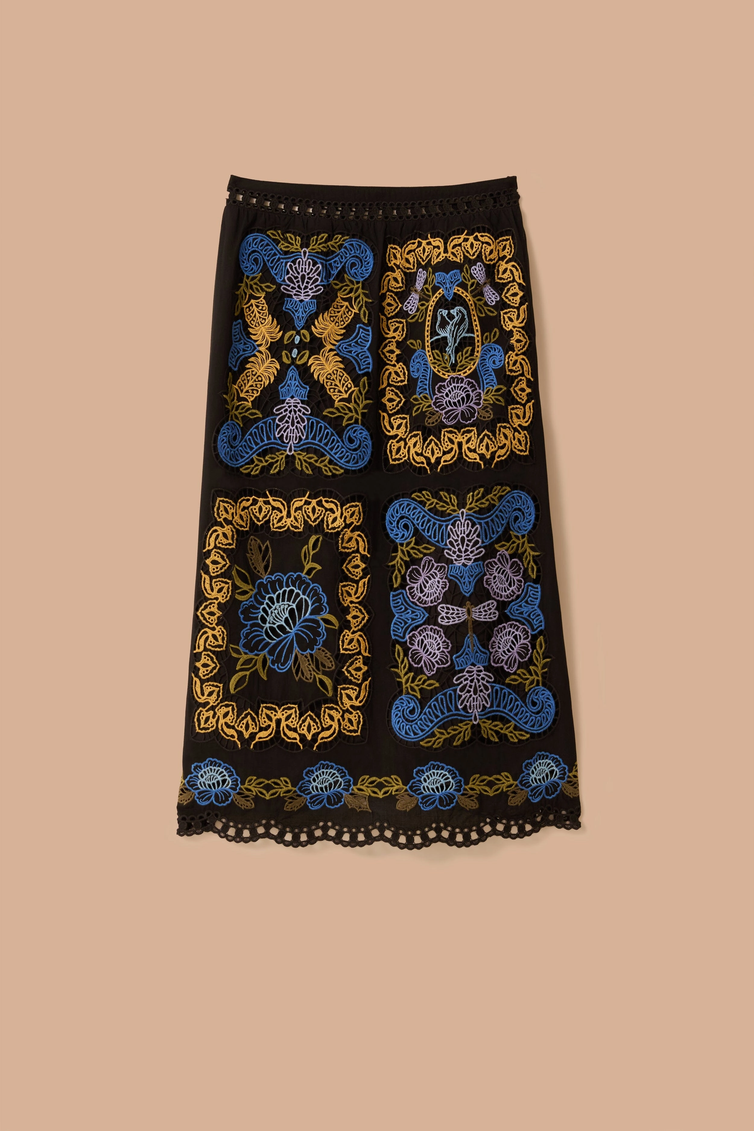 Laidback Feel Artisan Print Black Richelieu Midi Skirt