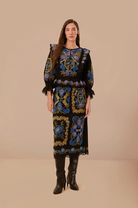 Visual Outfit Comfort Fit Black Richelieu Midi Skirt