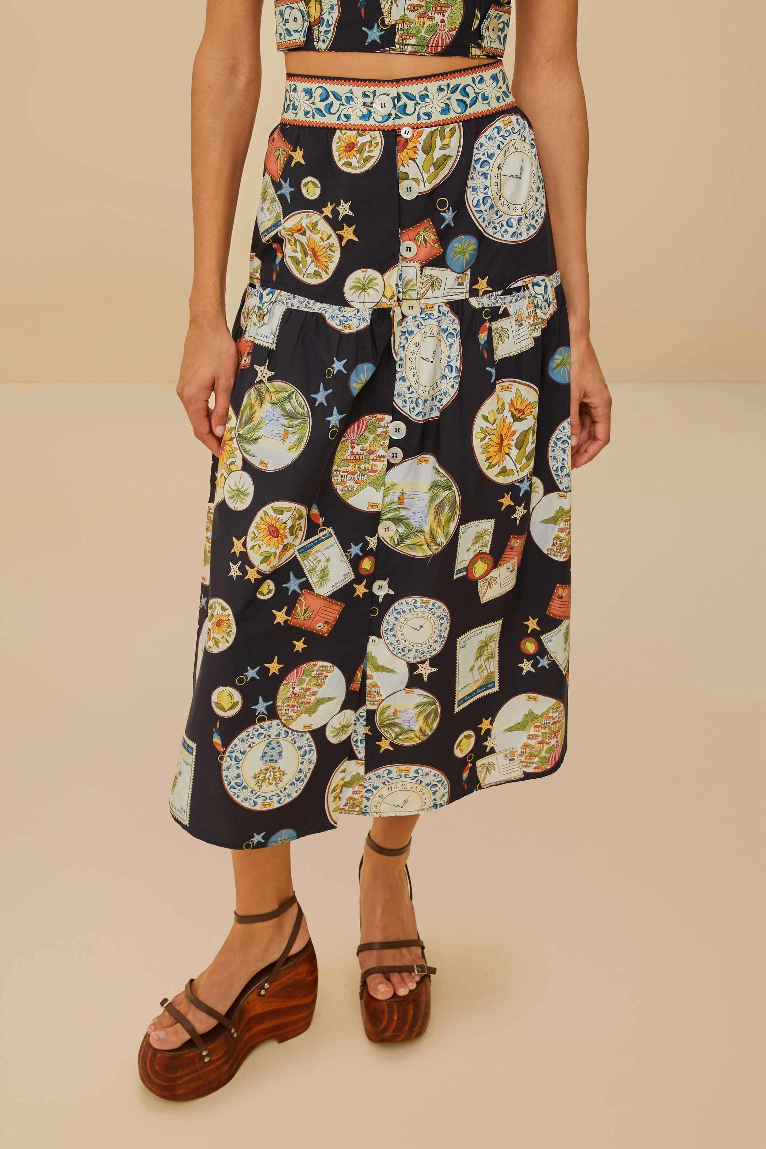 Black Trip Souvenir Organic Cotton Midi Skirt Breathable Lining