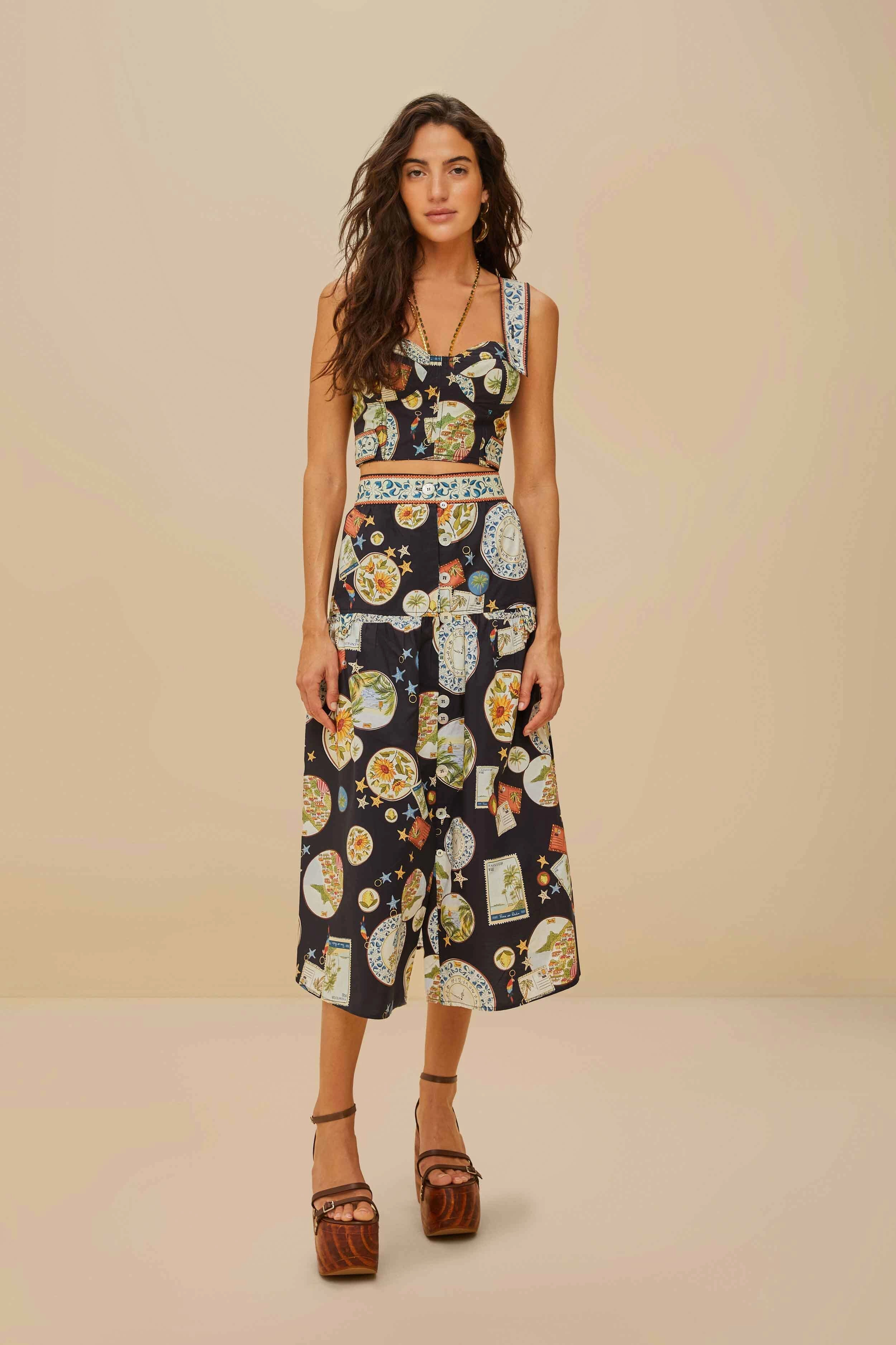 Black Trip Souvenir Organic Cotton Midi Skirt Elegant Flow