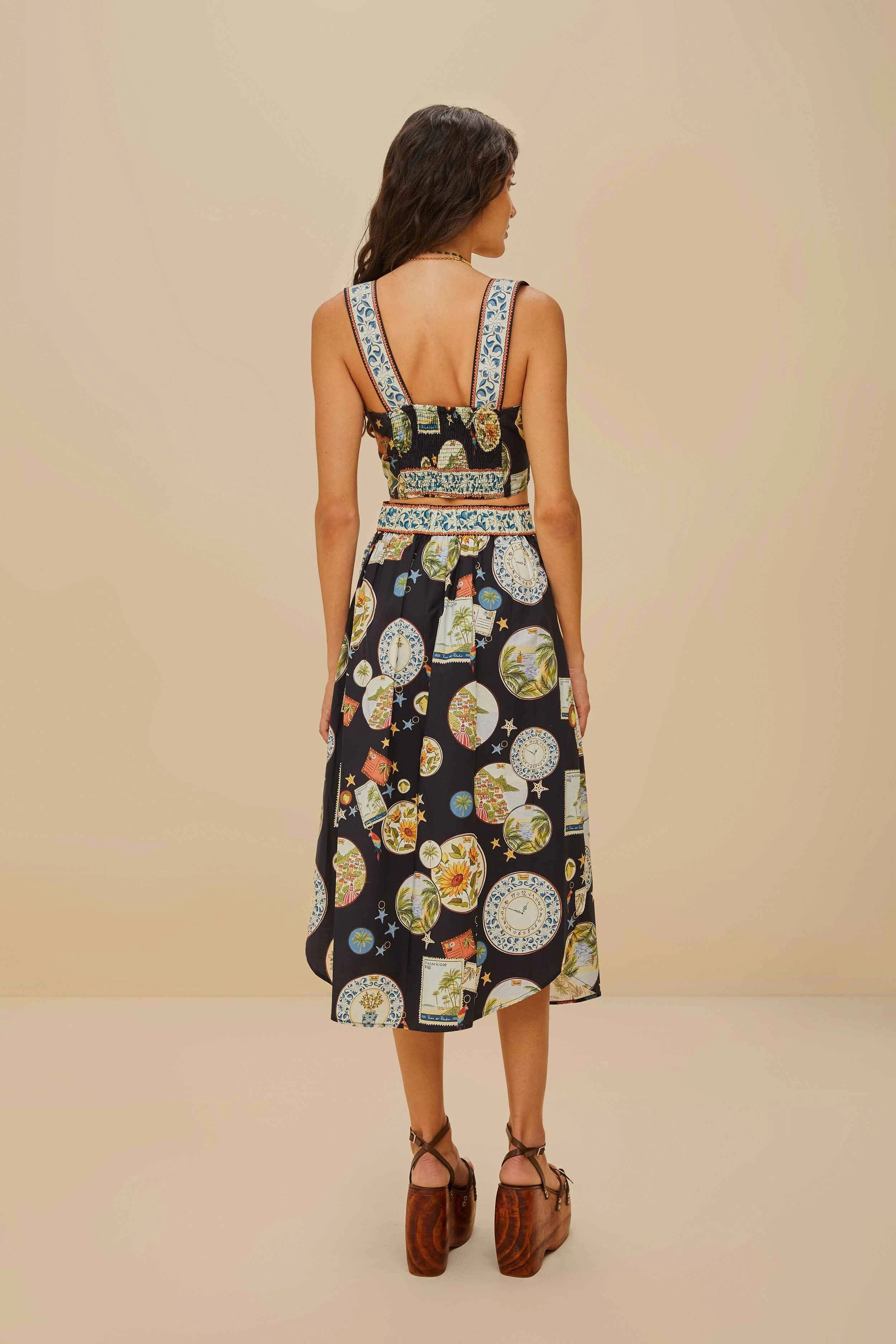 Black Trip Souvenir Organic Cotton Midi Skirt Inverted Pleats urban scene