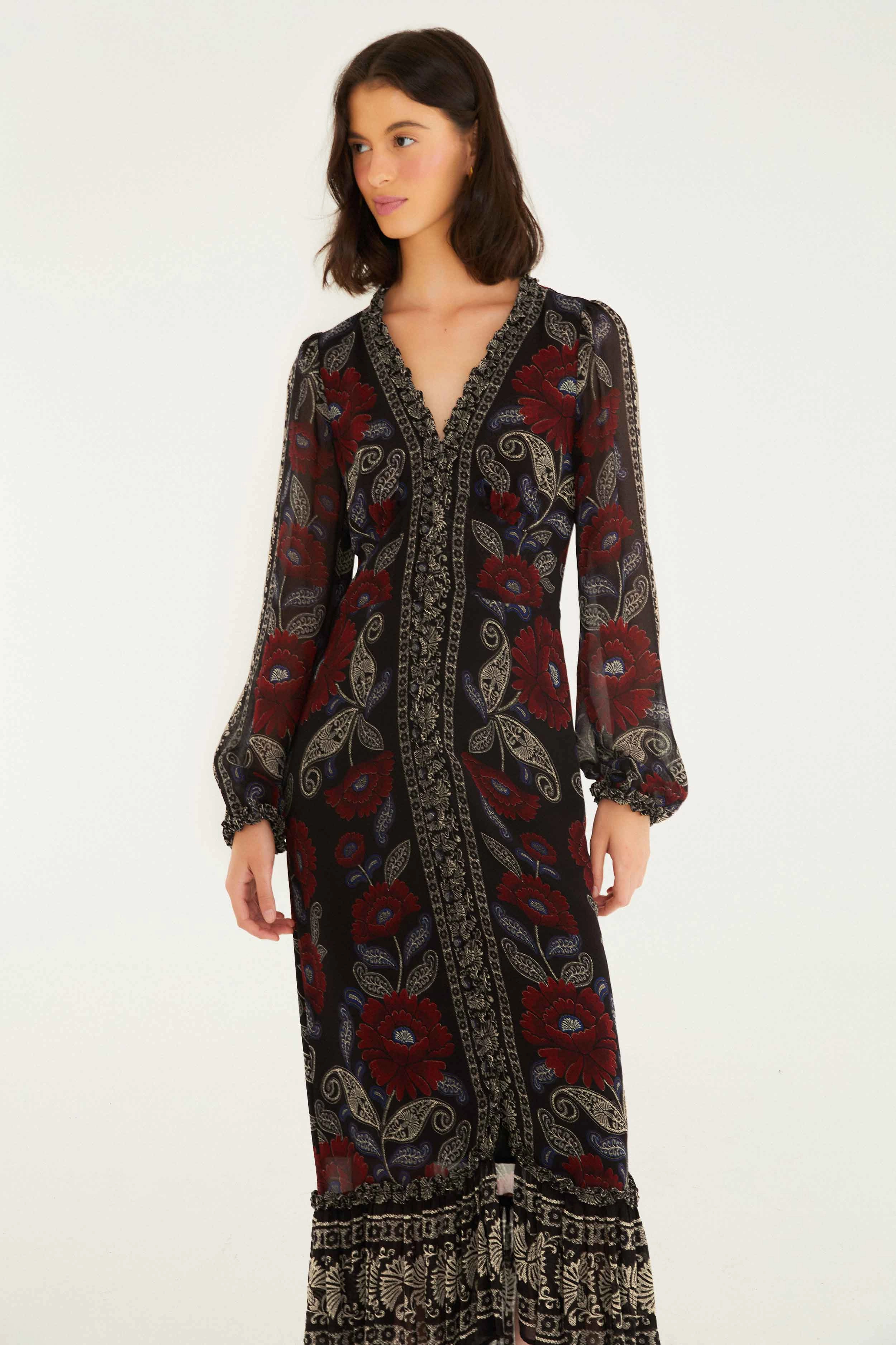 Wide Hemline Garden Fresh Black Valentina Ruffled Long Sleeve Midi Dress Short Sleeve