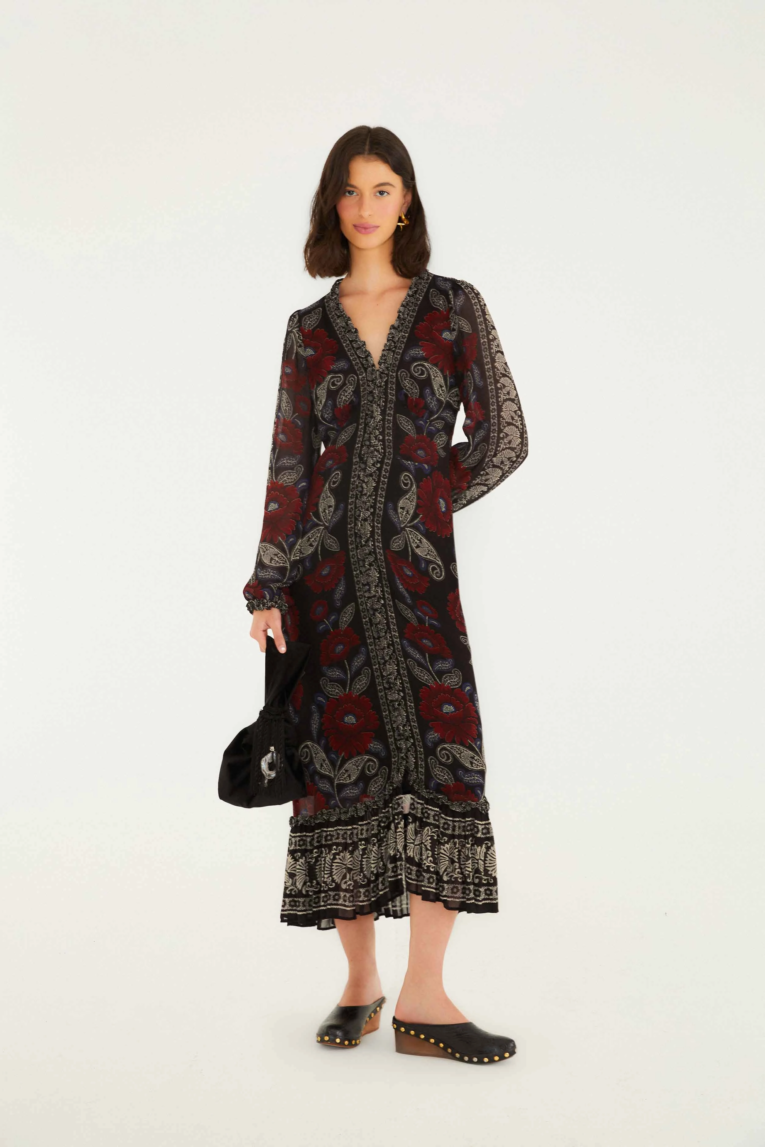 Everyday Ready Day Fit Black Valentina Ruffled Long Sleeve Midi Dress Short Sleeve
