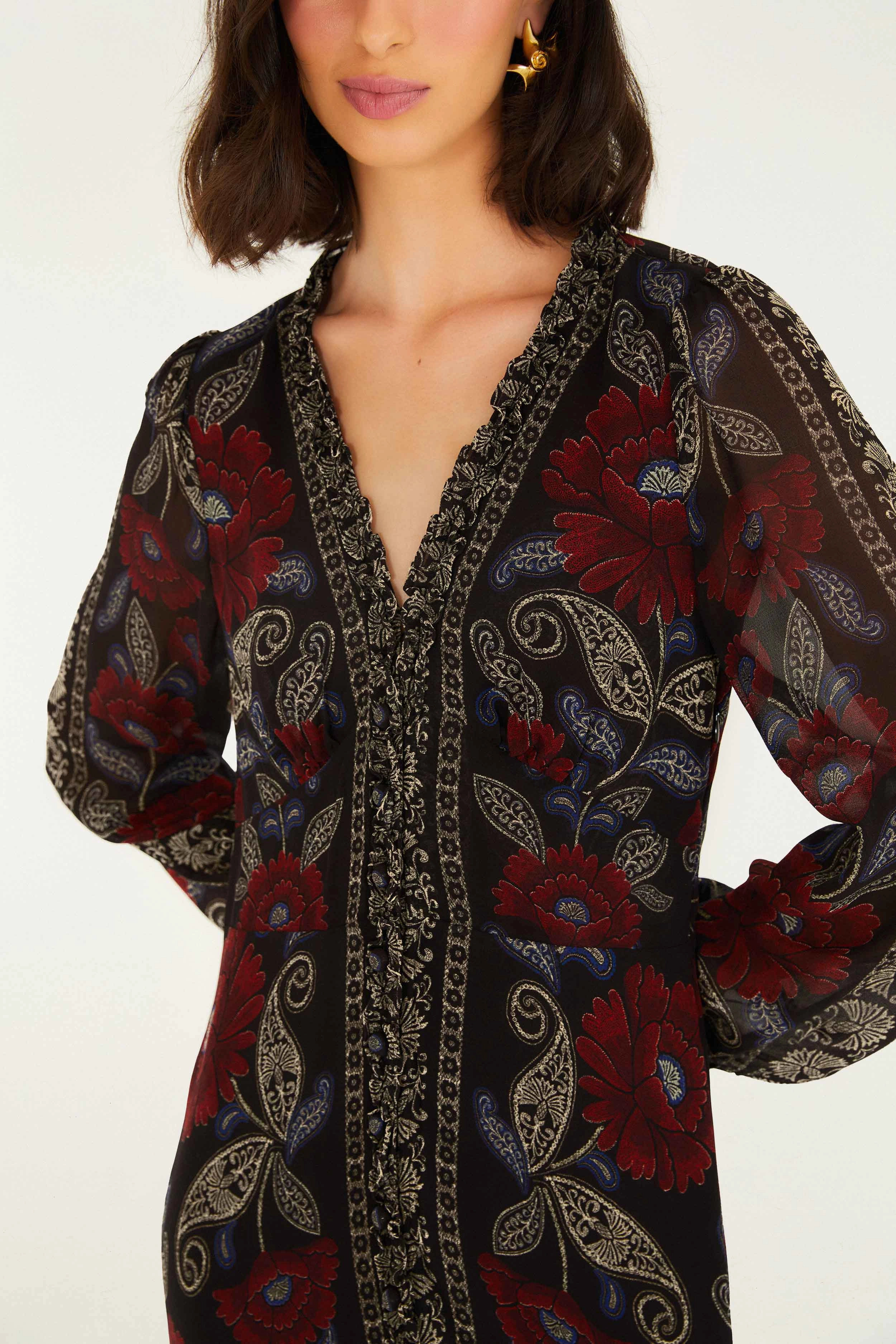 Night Party City Bright Black Valentina Ruffled Long Sleeve Midi Dress Short Sleeve
