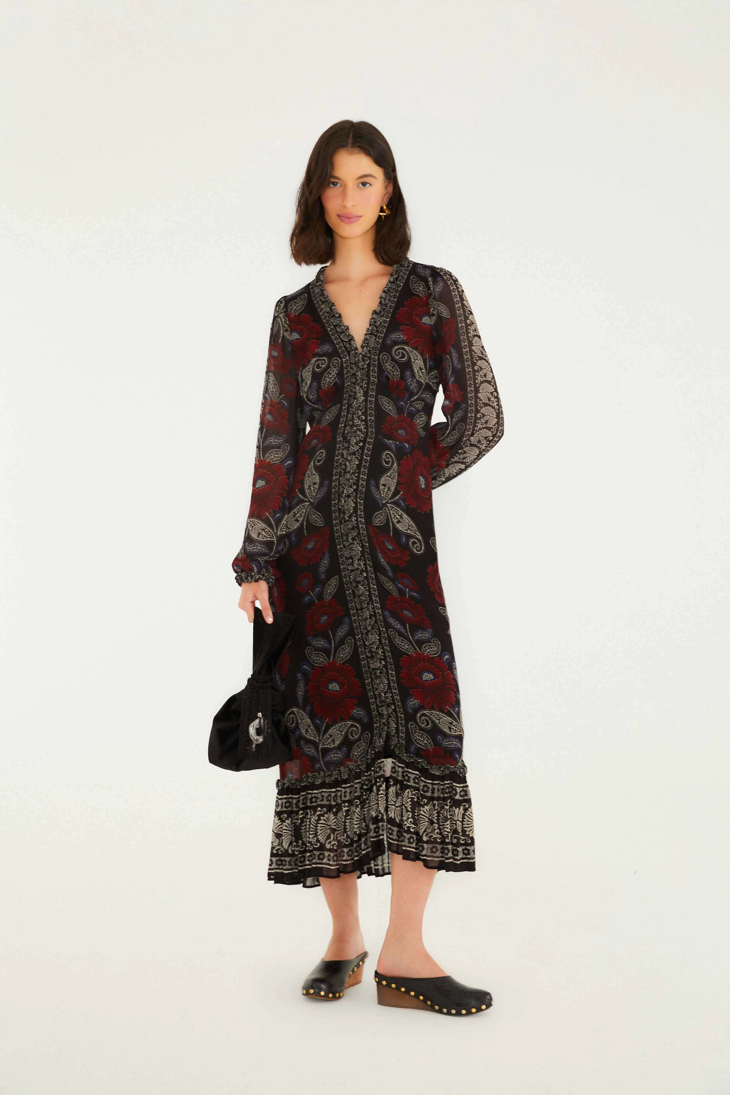 Black Valentina Ruffled Long Sleeve Midi Dress Short Sleeve Luxe Wear