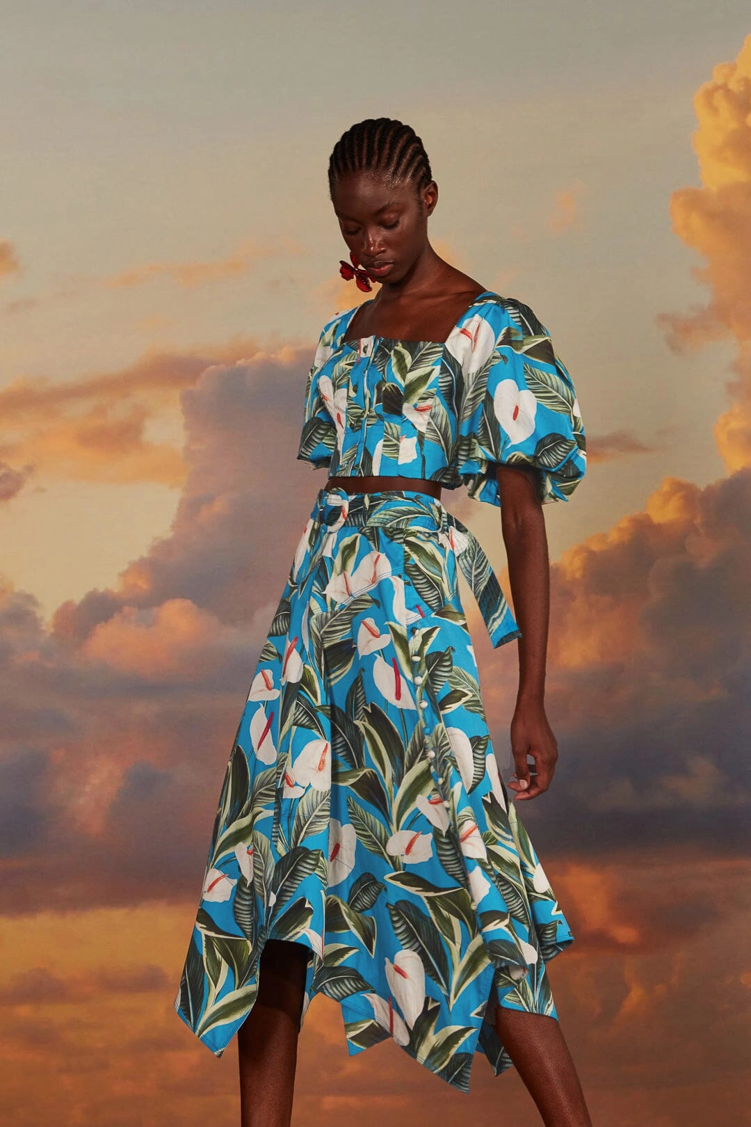 Affordable Fashion Blue Anthurium Garden Asymmetric Midi Skirt