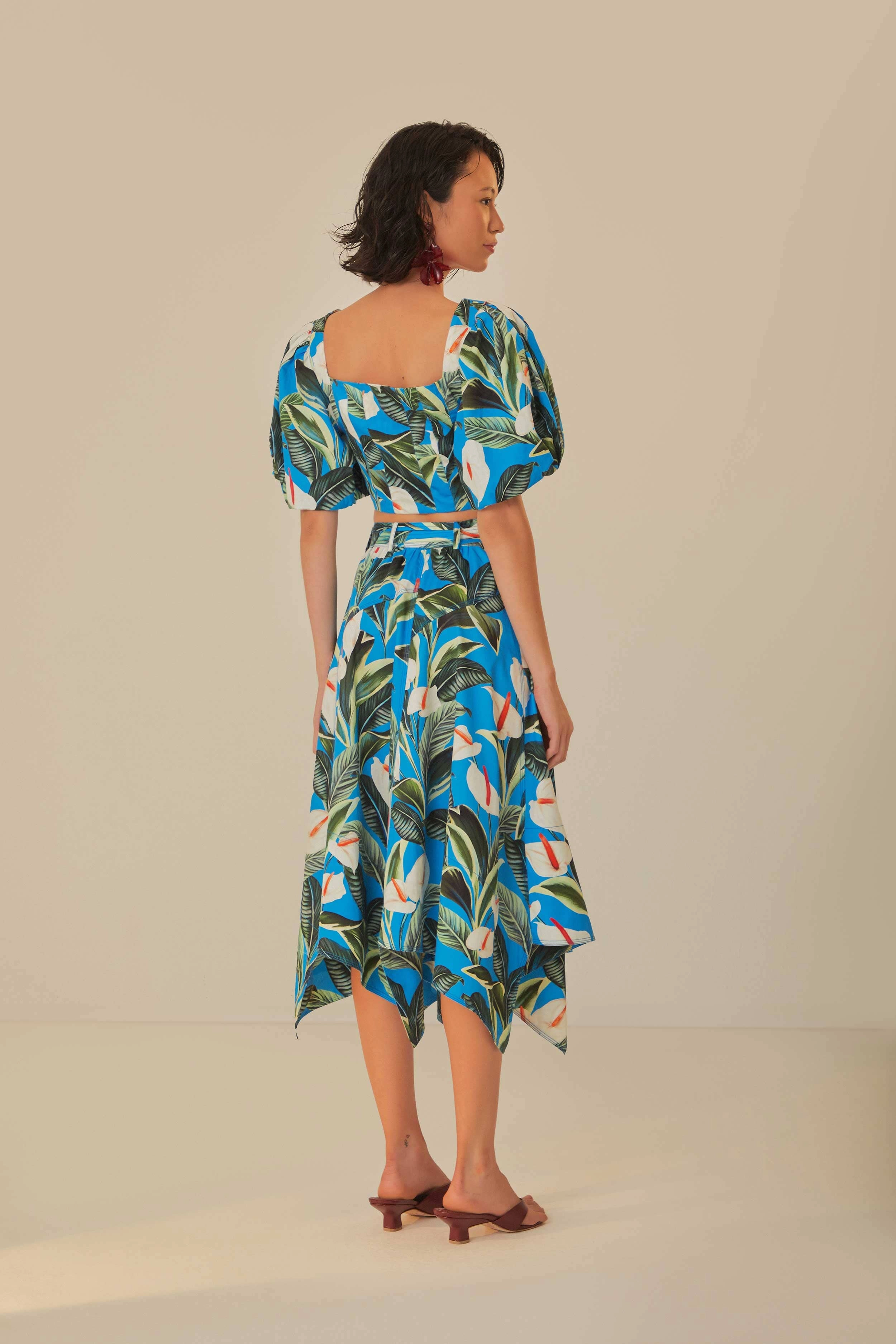 Blue Anthurium Garden Asymmetric Midi Skirt Influencer Style Flexible Waistband