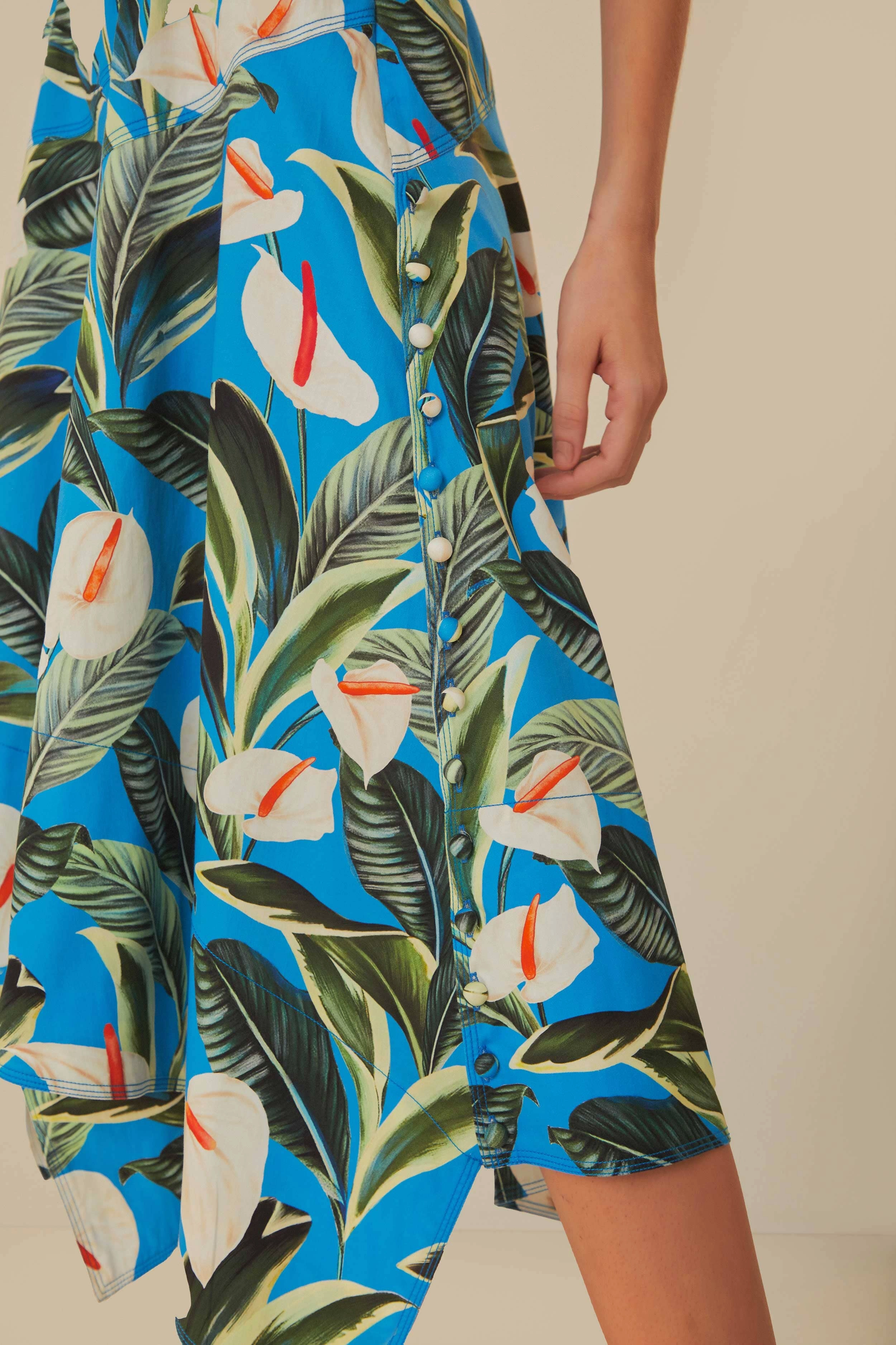 Modern Details lace accents Blue Anthurium Garden Asymmetric Midi Skirt