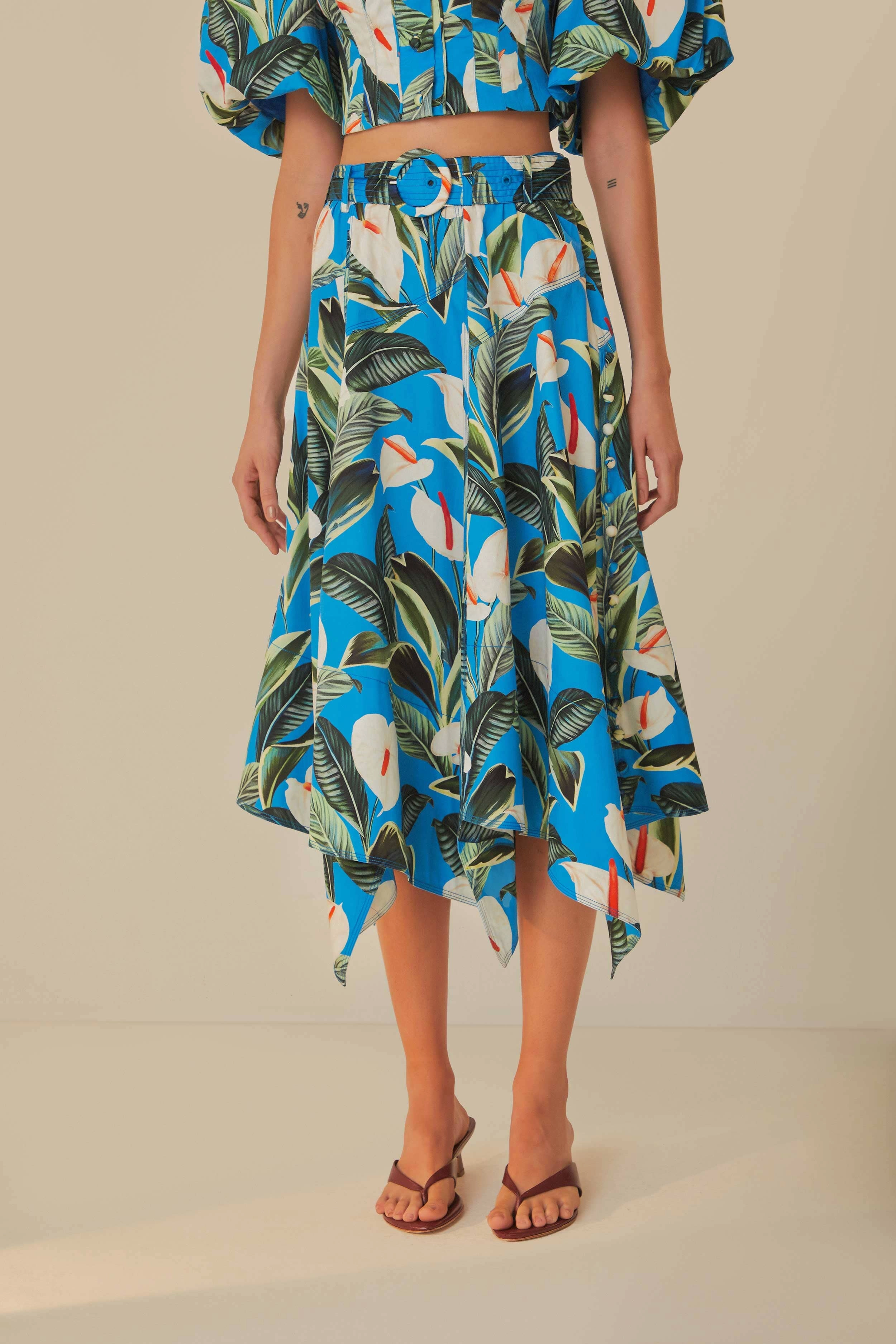 Wrap Front Blue Anthurium Garden Asymmetric Midi Skirt