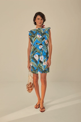 Blue Anthurium Garden Organic Cotton Mini T-Shirt Dress Stretch Fabric Technology