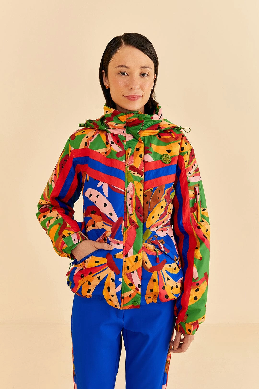 Blue Colorful Bananas Ski Jacket Functional Zip Detail