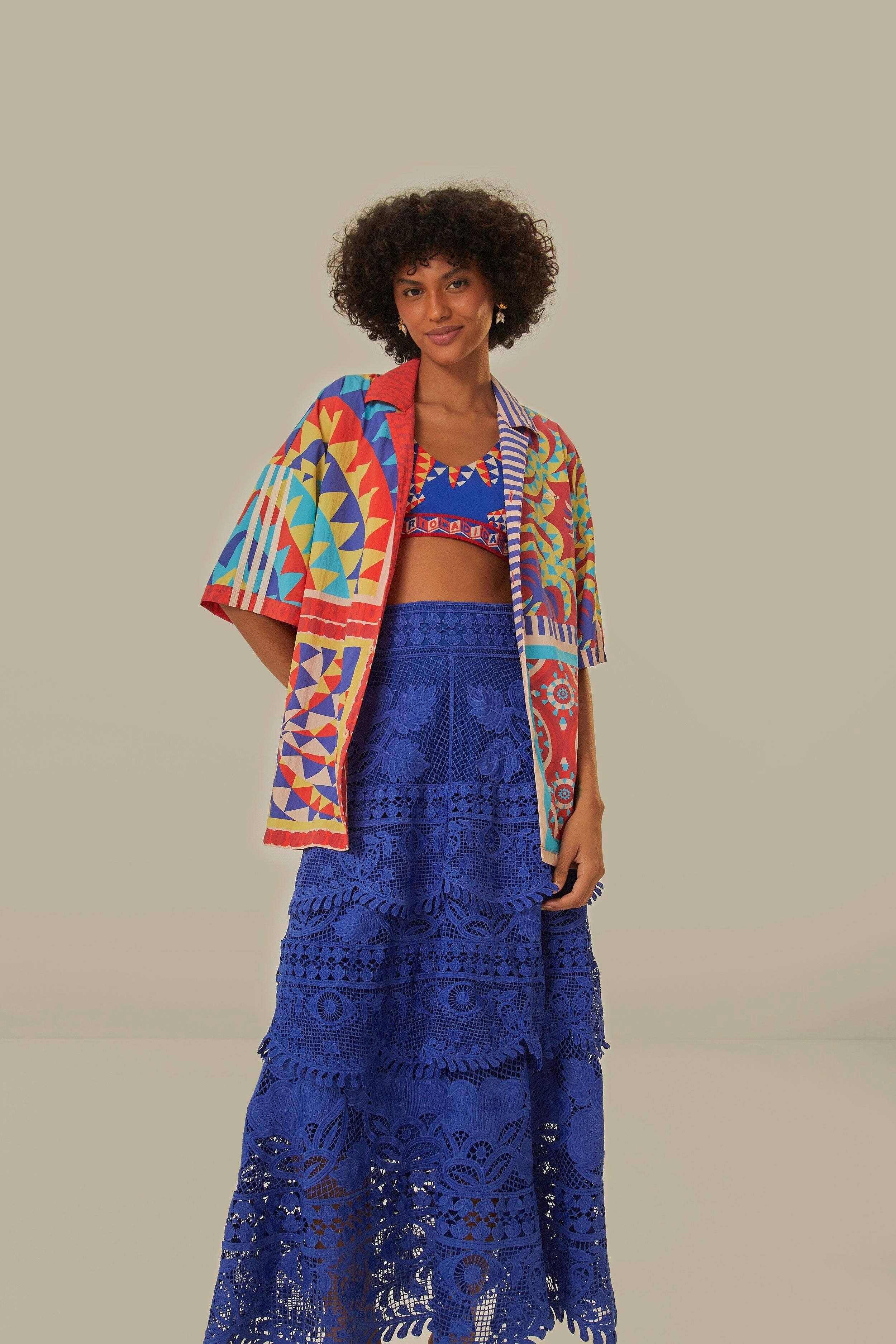 Blue Guipure Midi Skirt Smooth Look Crisscross Back