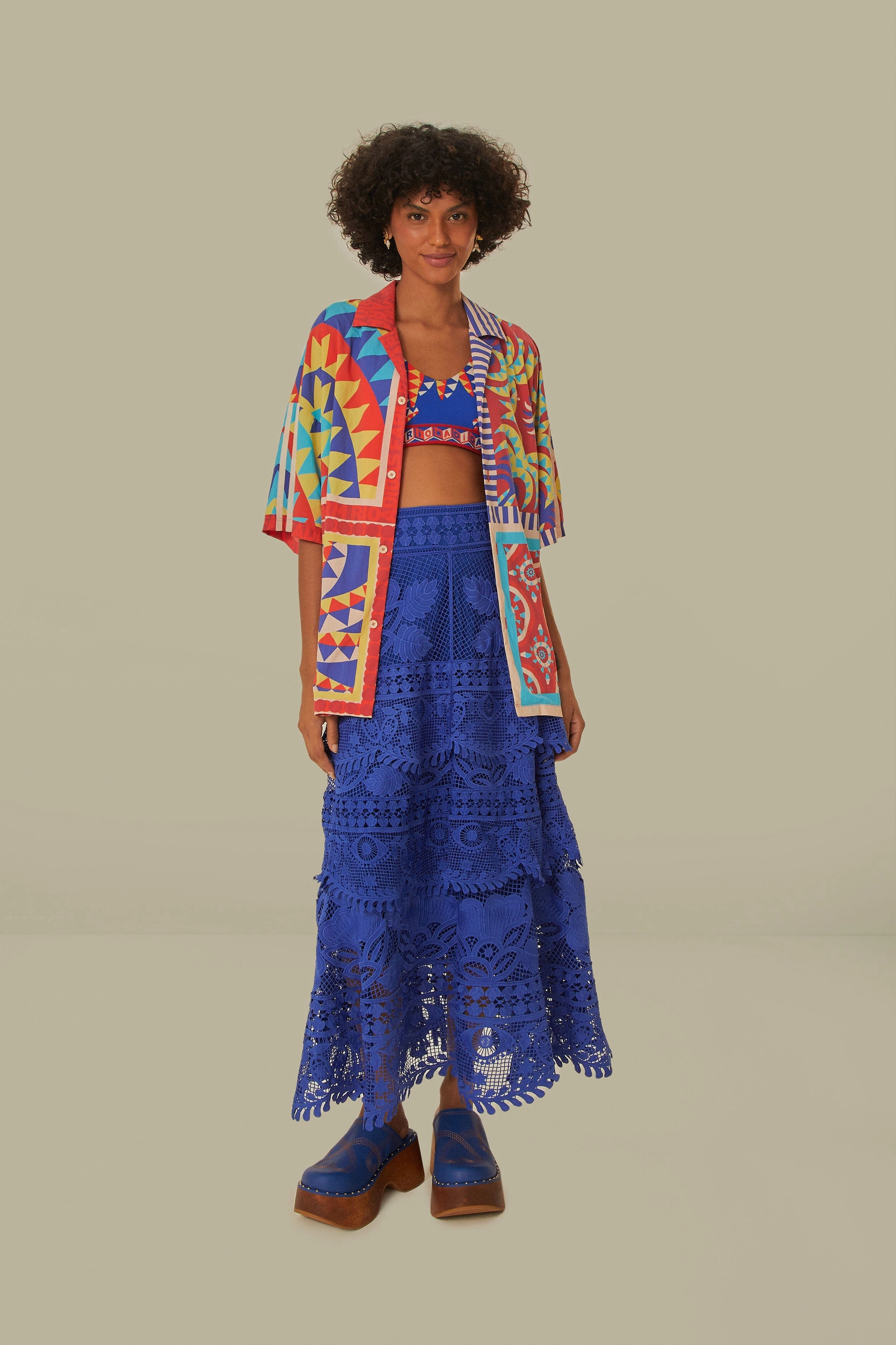 Blue Guipure Midi Skirt Layered Structure