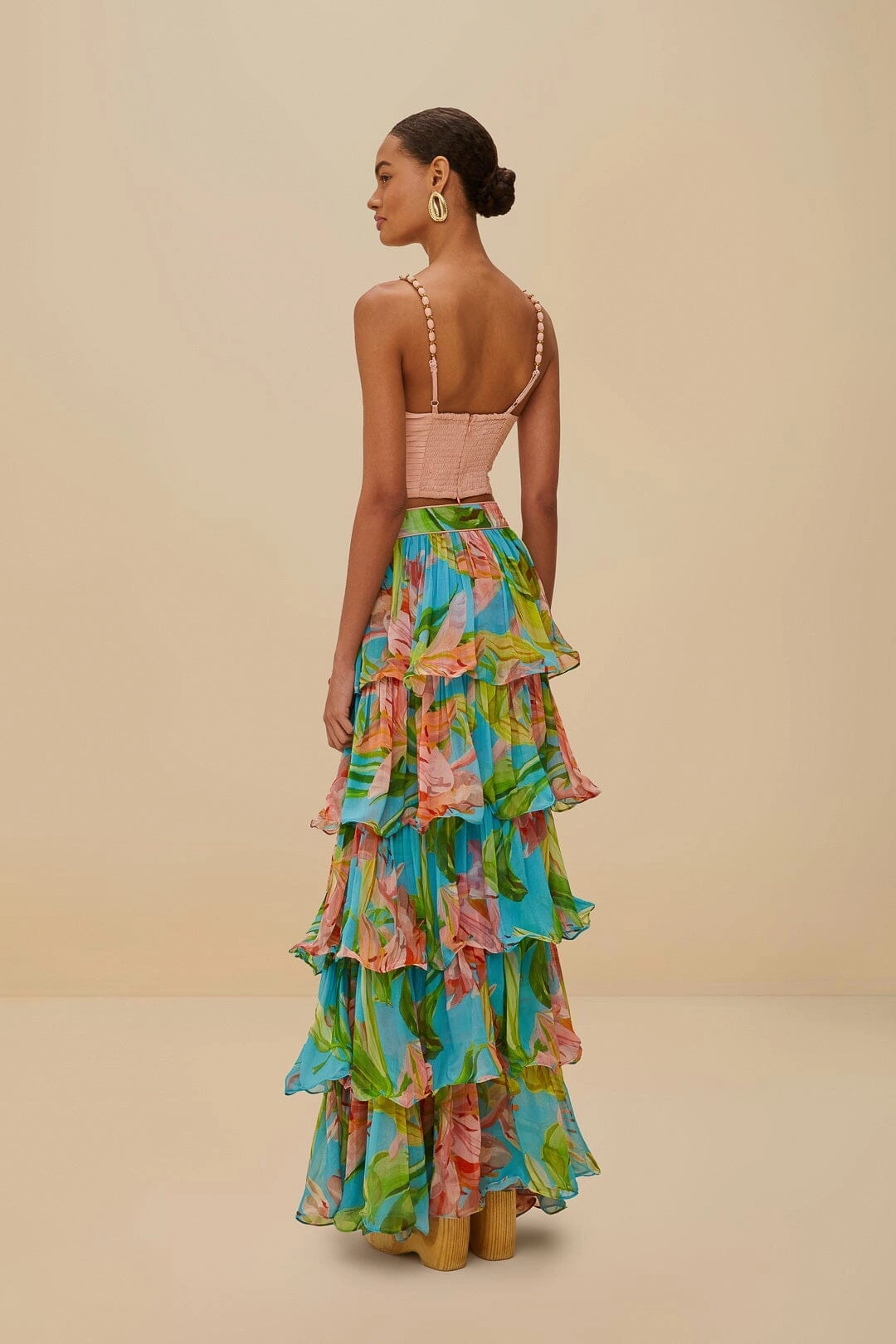 Layered Structure Vegan Material Blue Lily Bloom Maxi Skirt