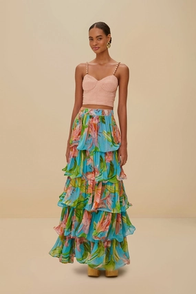 City Ready Chill Tones Blue Lily Bloom Maxi Skirt