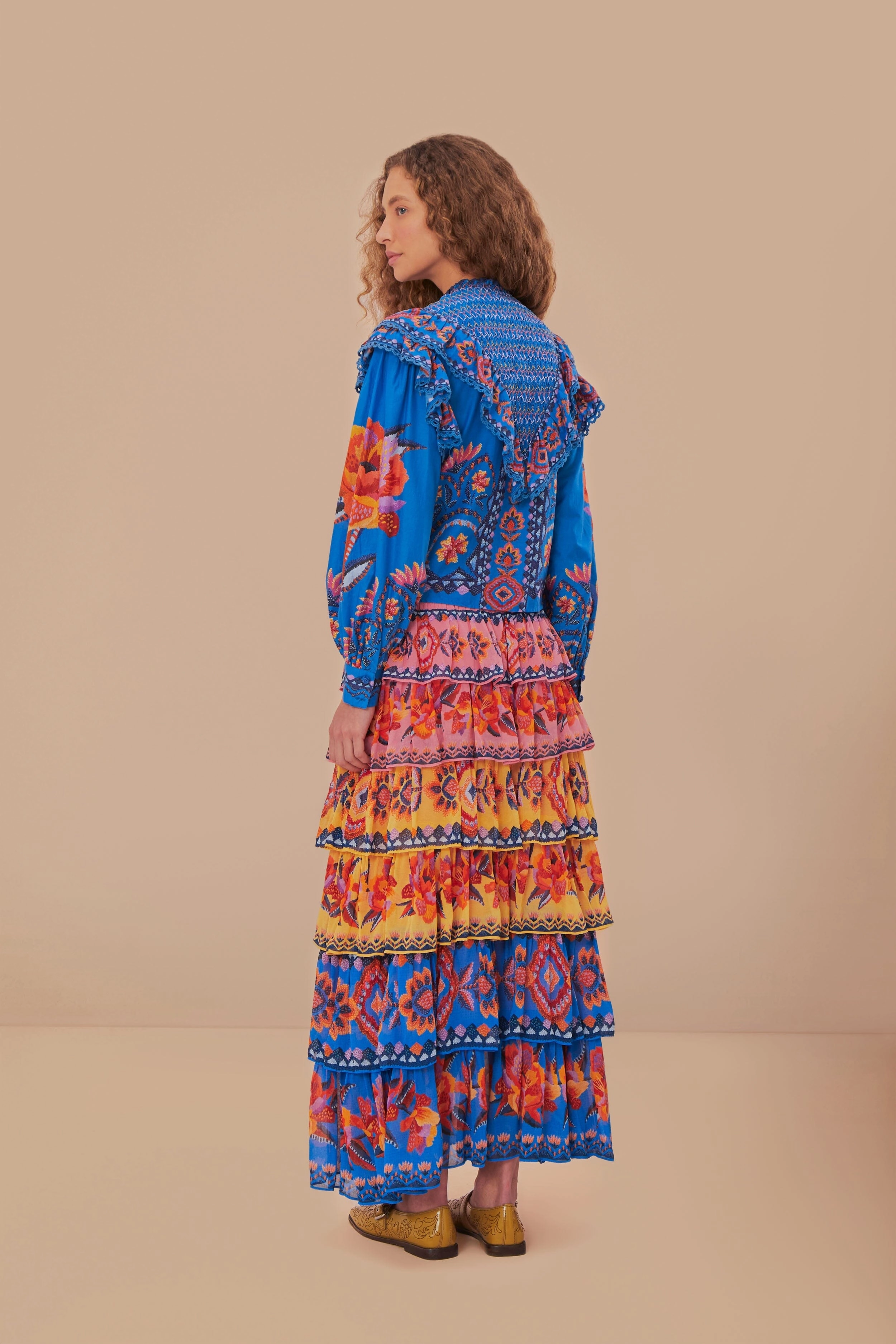 Blue Lucy Floral Ainika Maxi Skirt Elegant Texture Fold Over Design