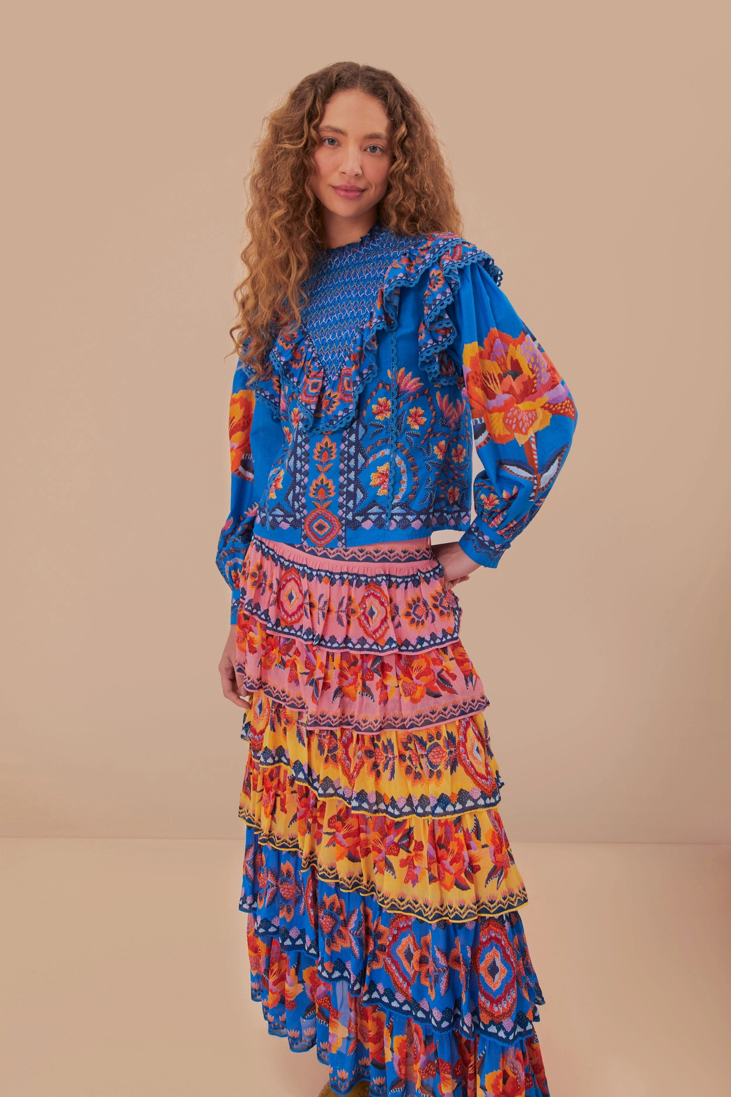 Low Maintenance Fabric Autumn Stroll Blue Lucy Floral Ainika Maxi Skirt