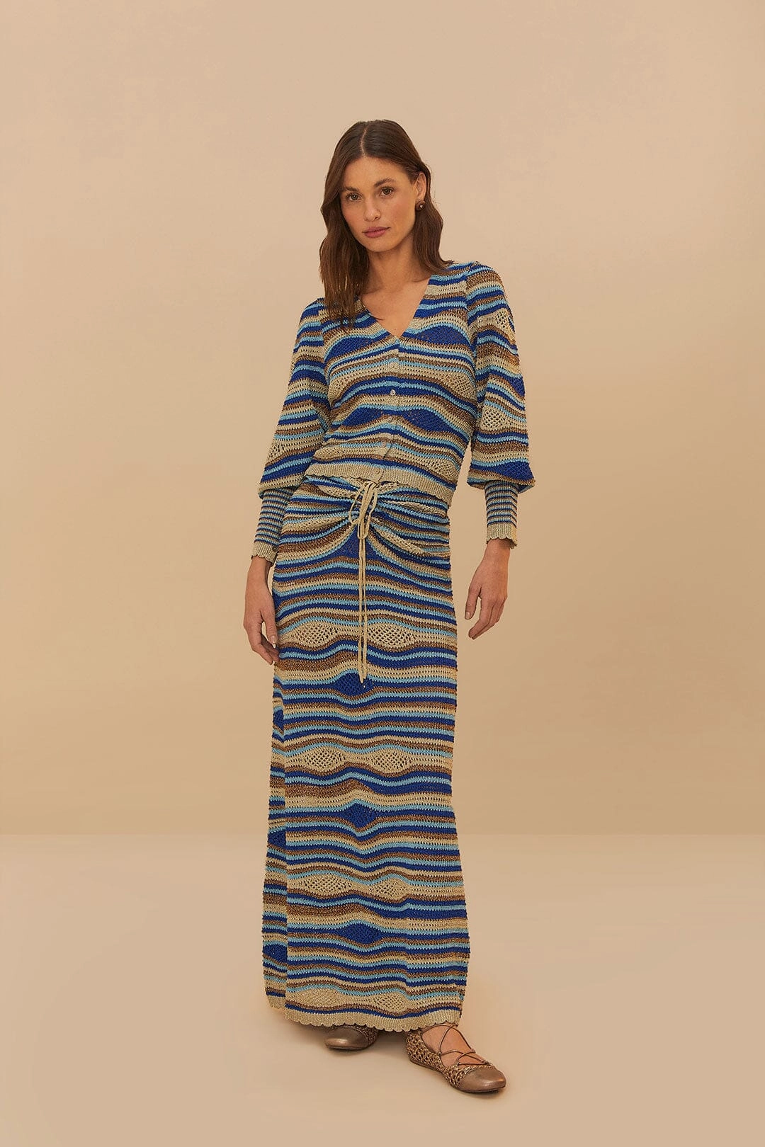 Flexible Waistband Blue Mixed Waves Knit Skirt