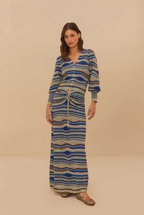 Flexible Waistband Blue Mixed Waves Knit Skirt