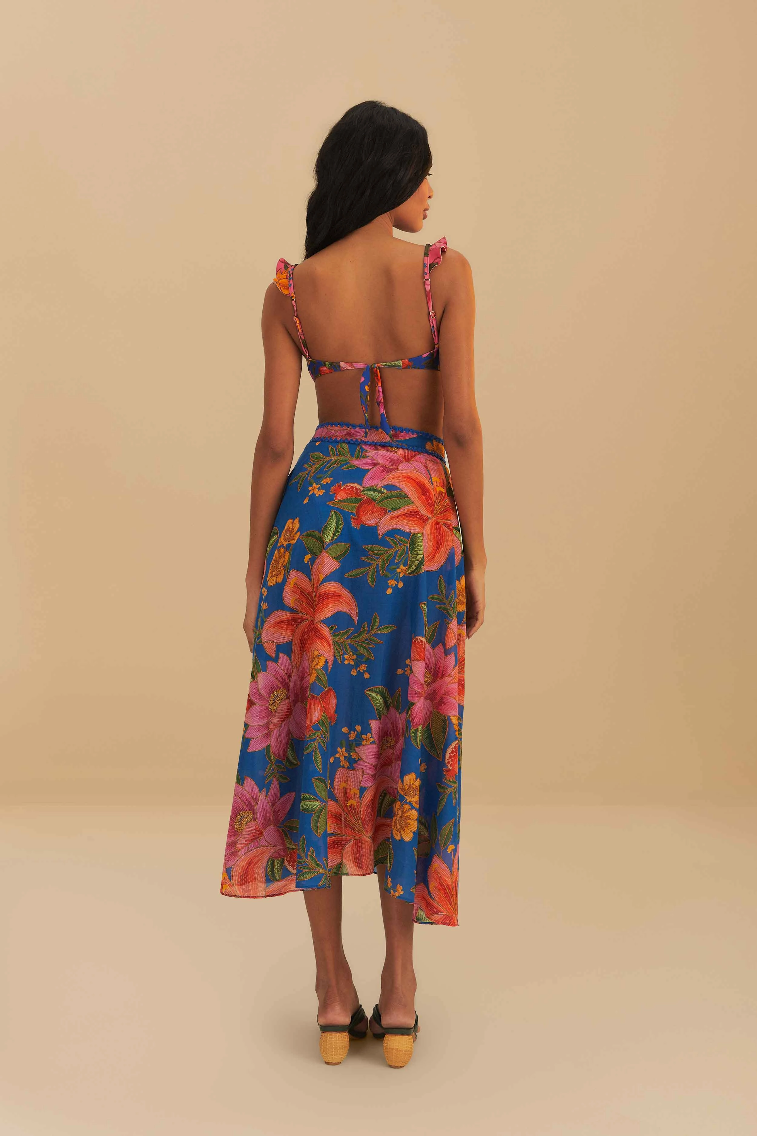 Blue Summer Fruit Midi Skirt Flexible Waistband
