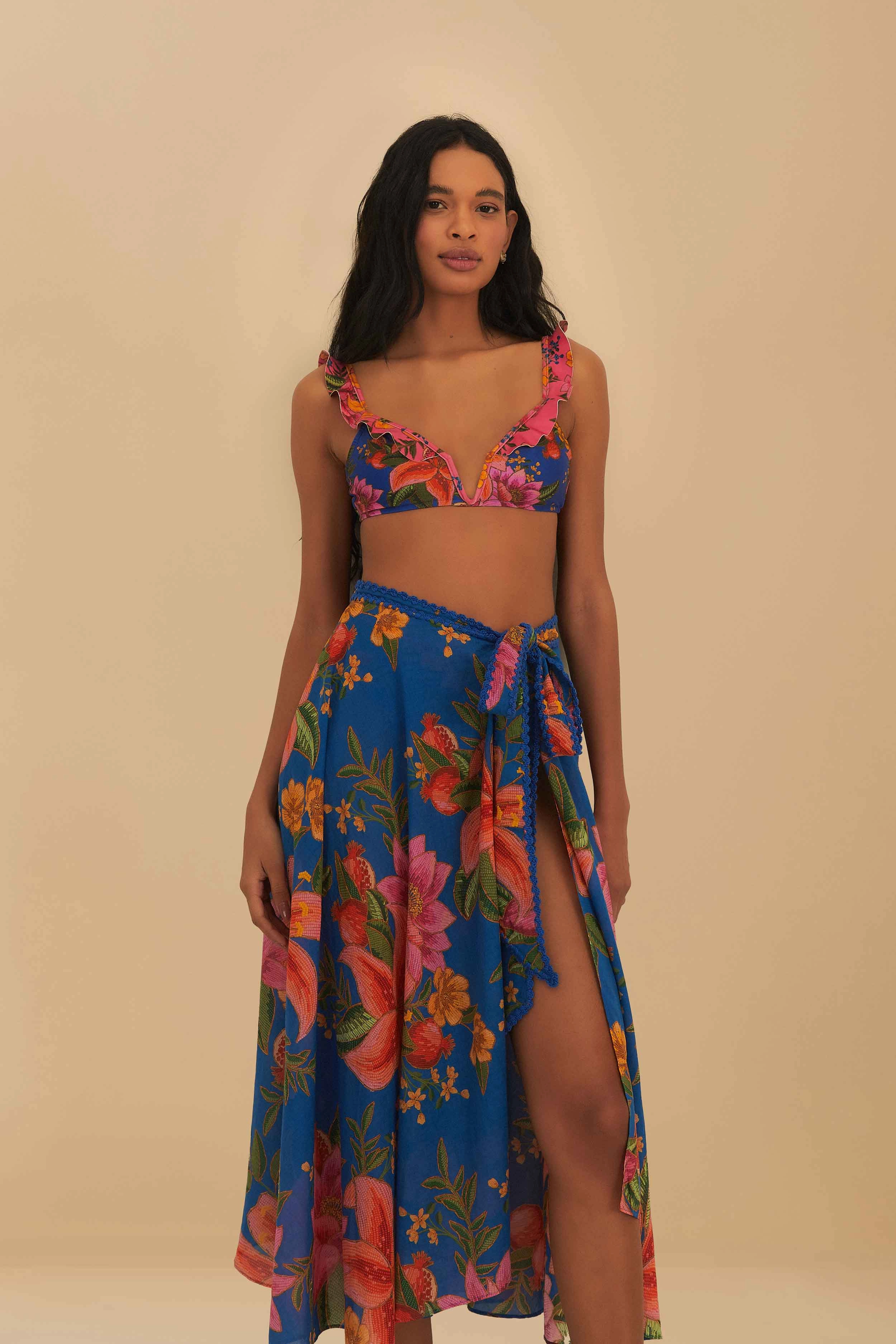 Local Artisan Blue Summer Fruit Midi Skirt
