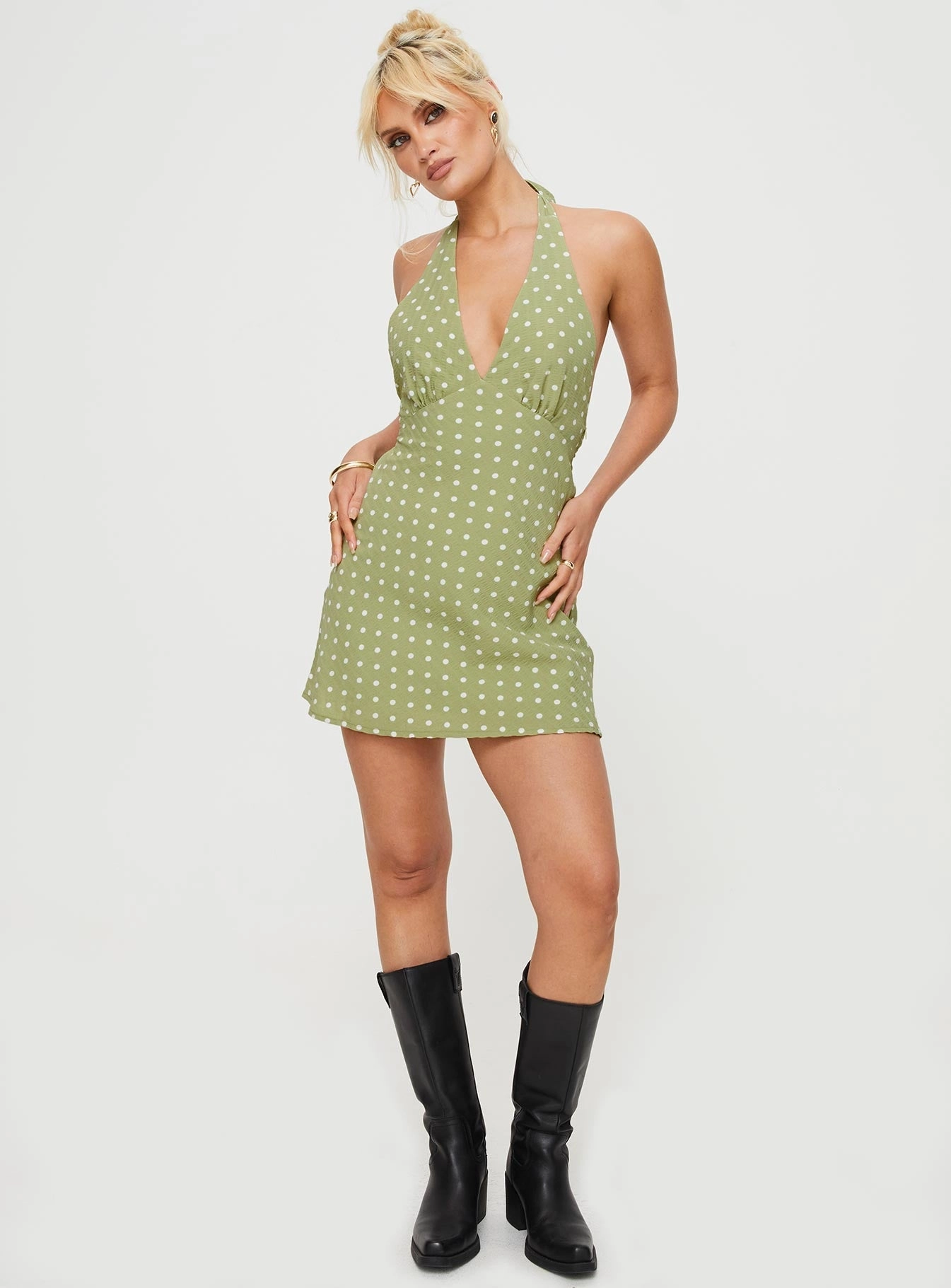 Draped Silhouette Kopra Halter Mini Dress Green
