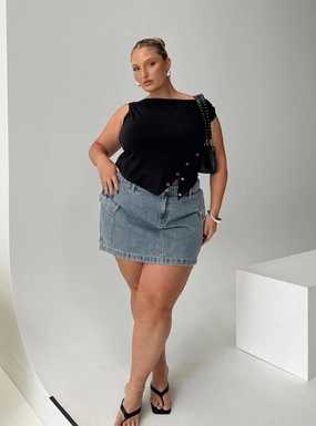 Matching Belt Twist Front Design Zakai Cargo Denim Mini Skirt Light Blue Denim Curve
