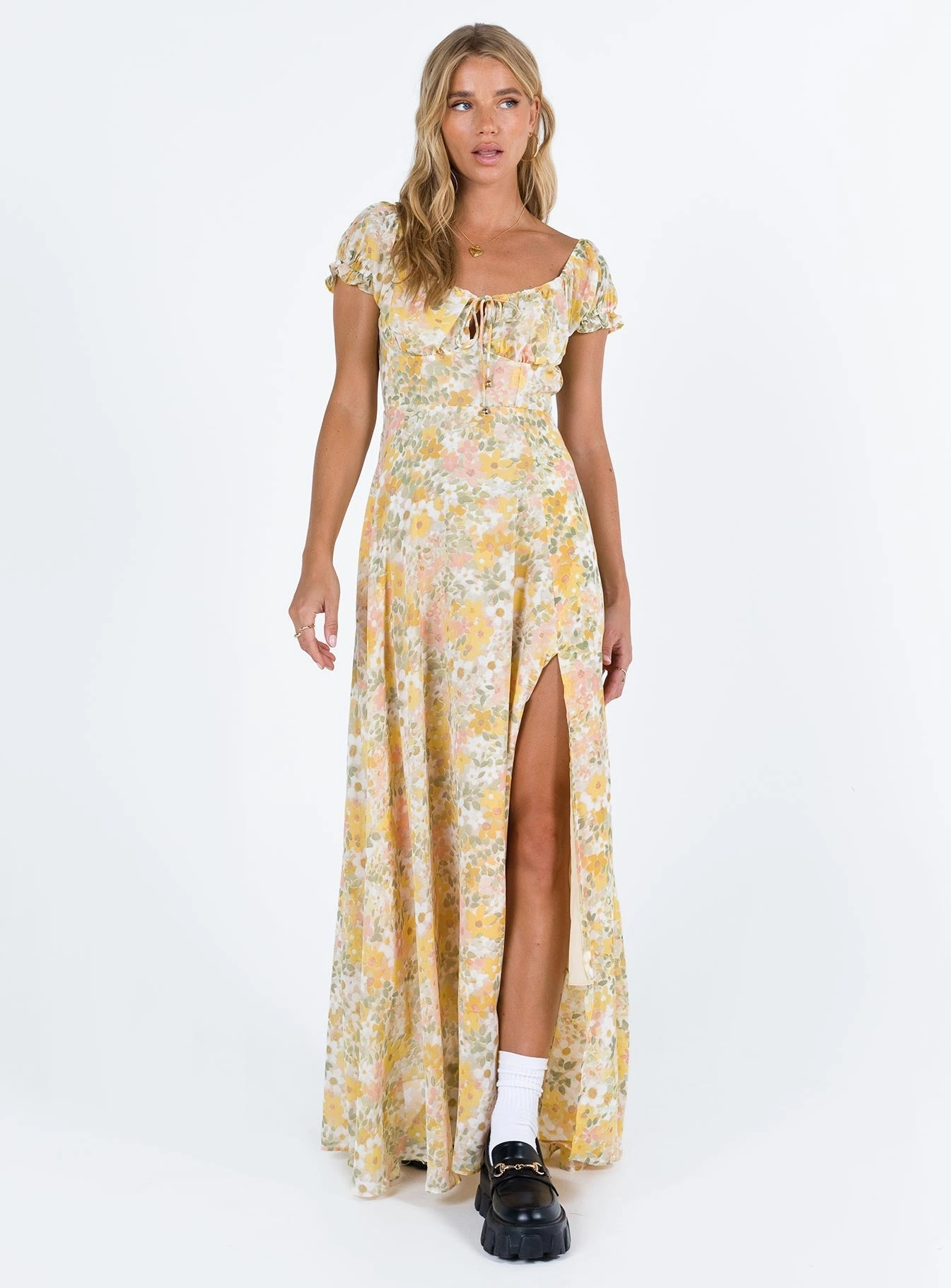Stylish Line Fashionable Wear Masuda Maxi Dress Yellow Floral