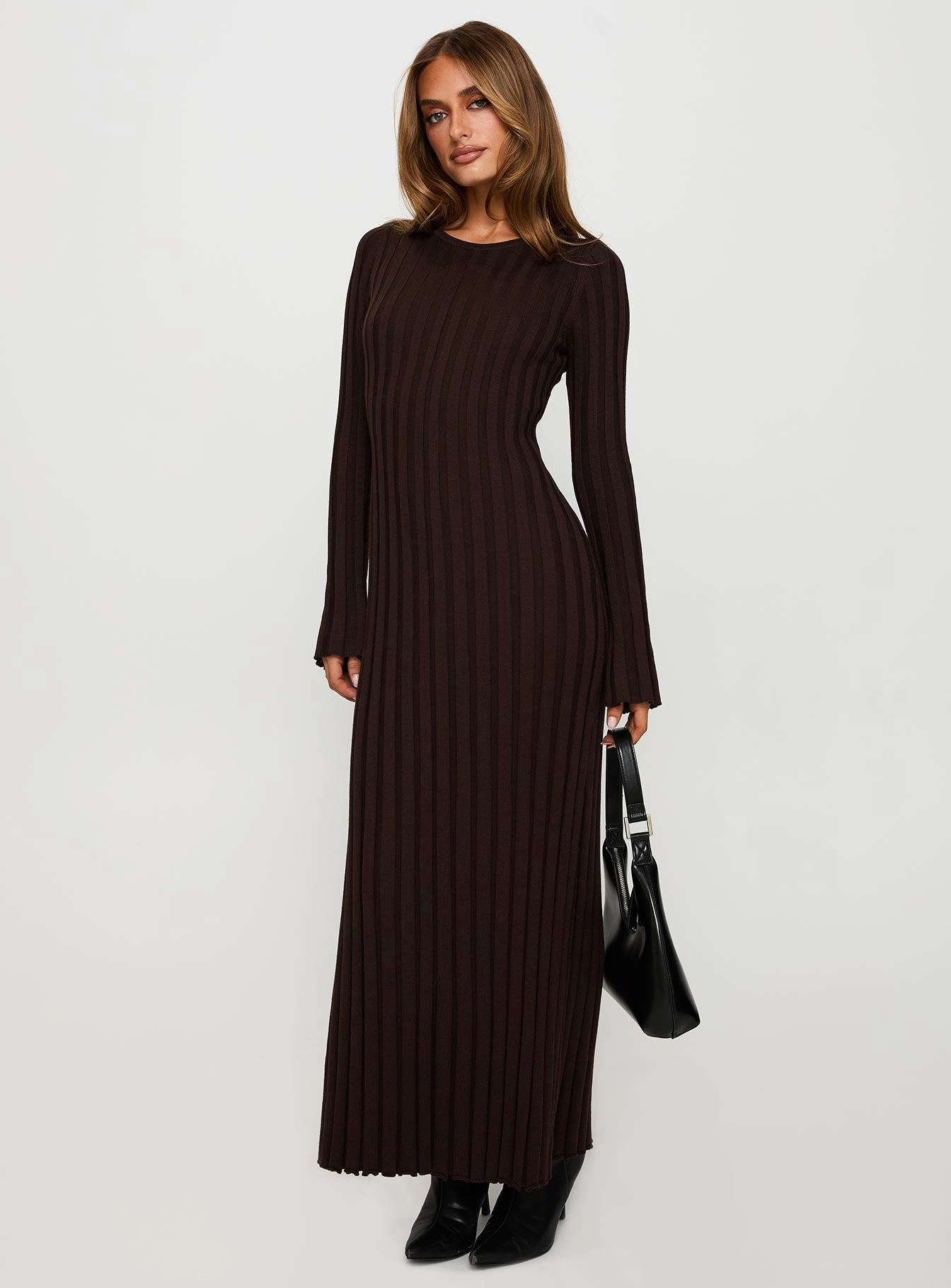Flowy casual dress High-waist Vespa Long Sleeve Maxi Dress Brown