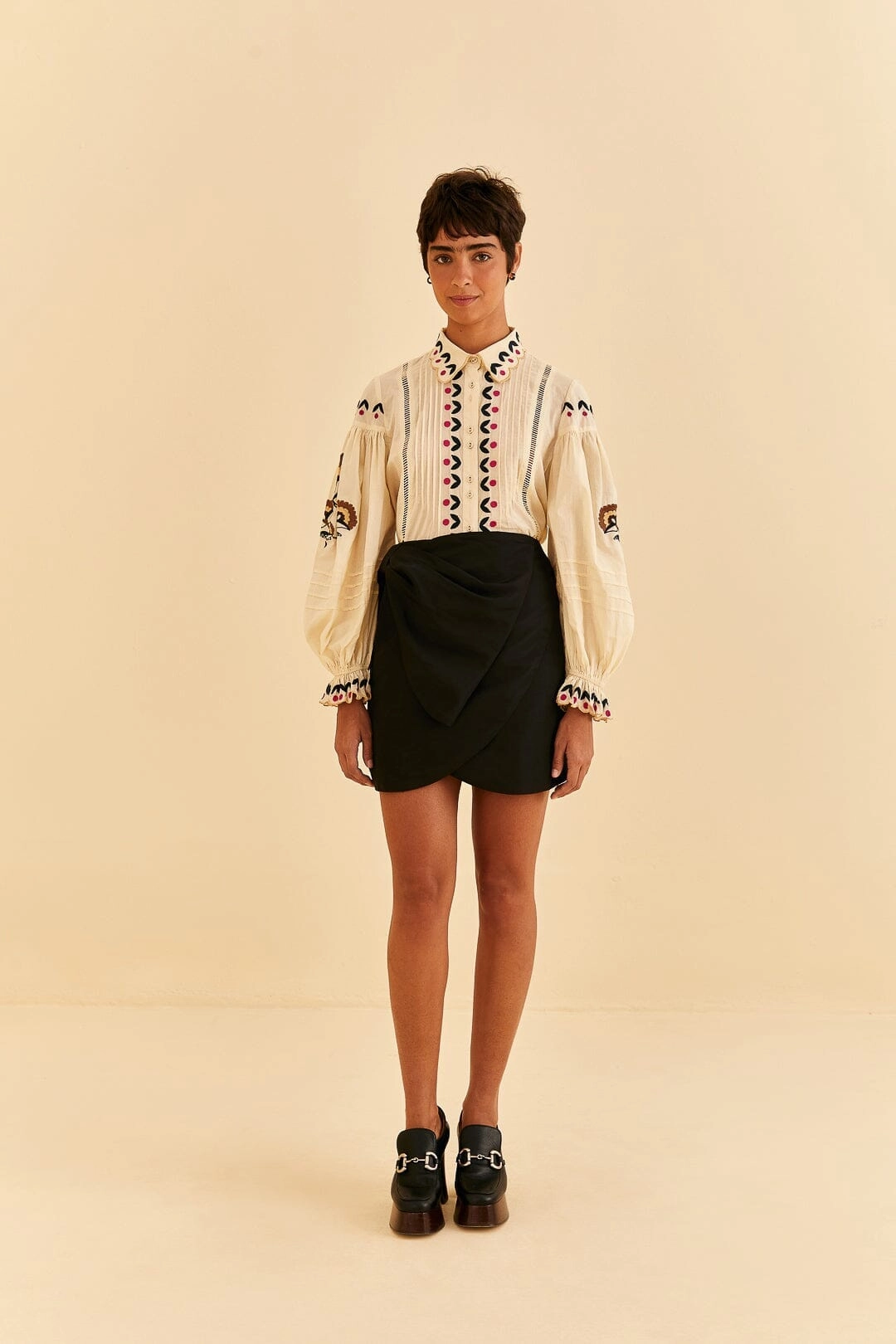 Gathered waist Black Taffeta Mini Skirt