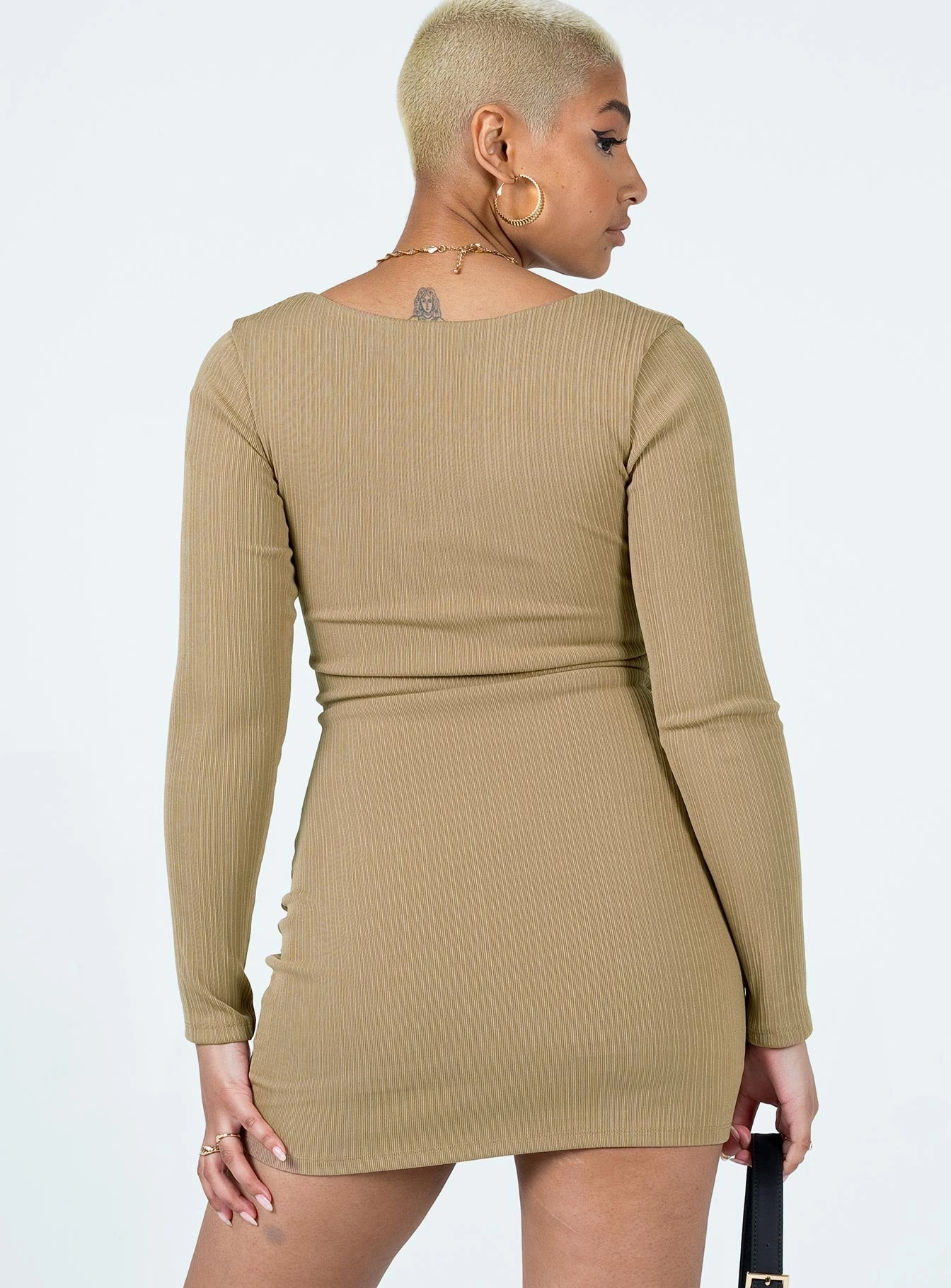 Trina Long Sleeve Mini Dress Beige Simple Bow Go To Wear