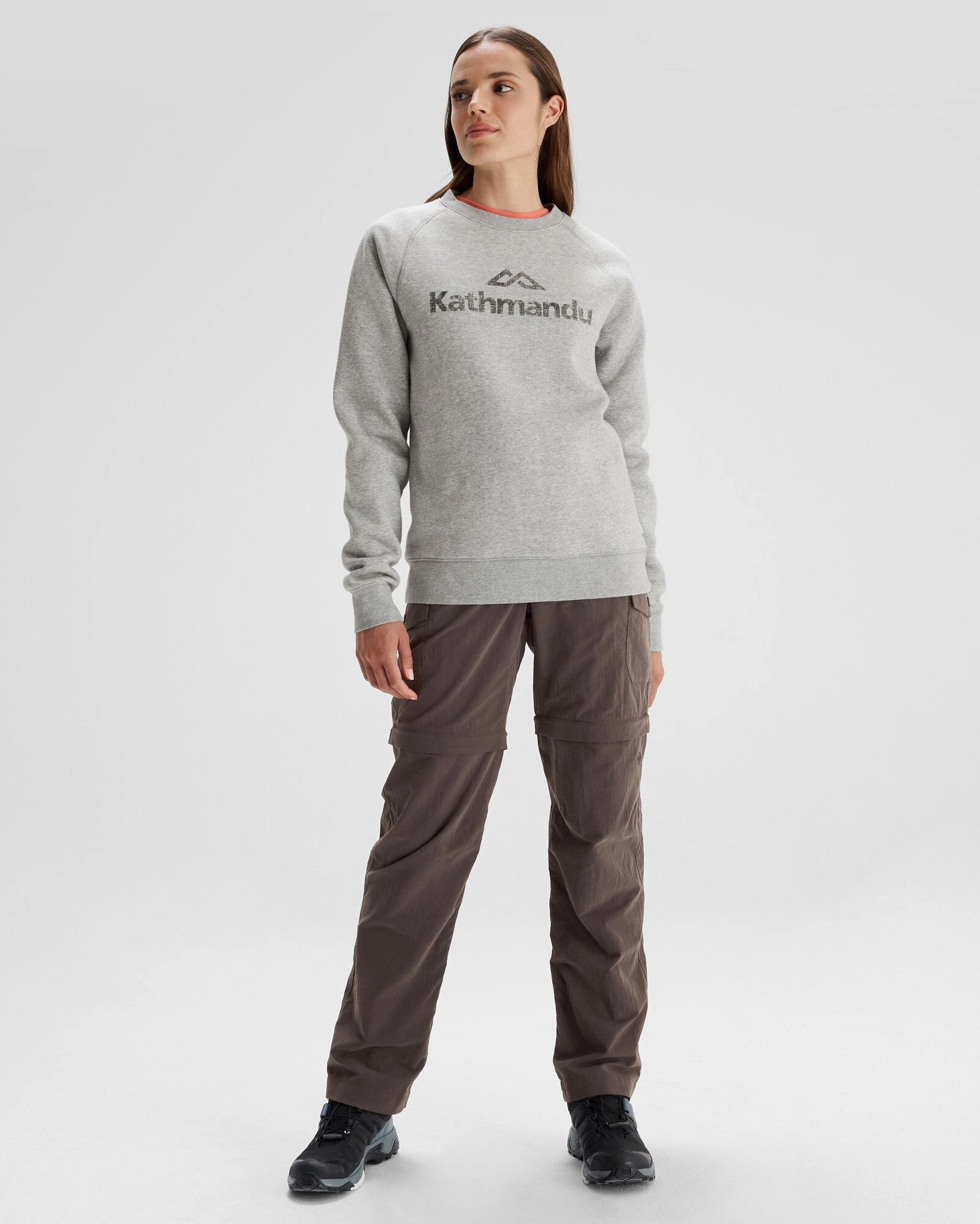 Women's Kathmandu Logo Crew Sweater - Light Grey Marle Layered Look